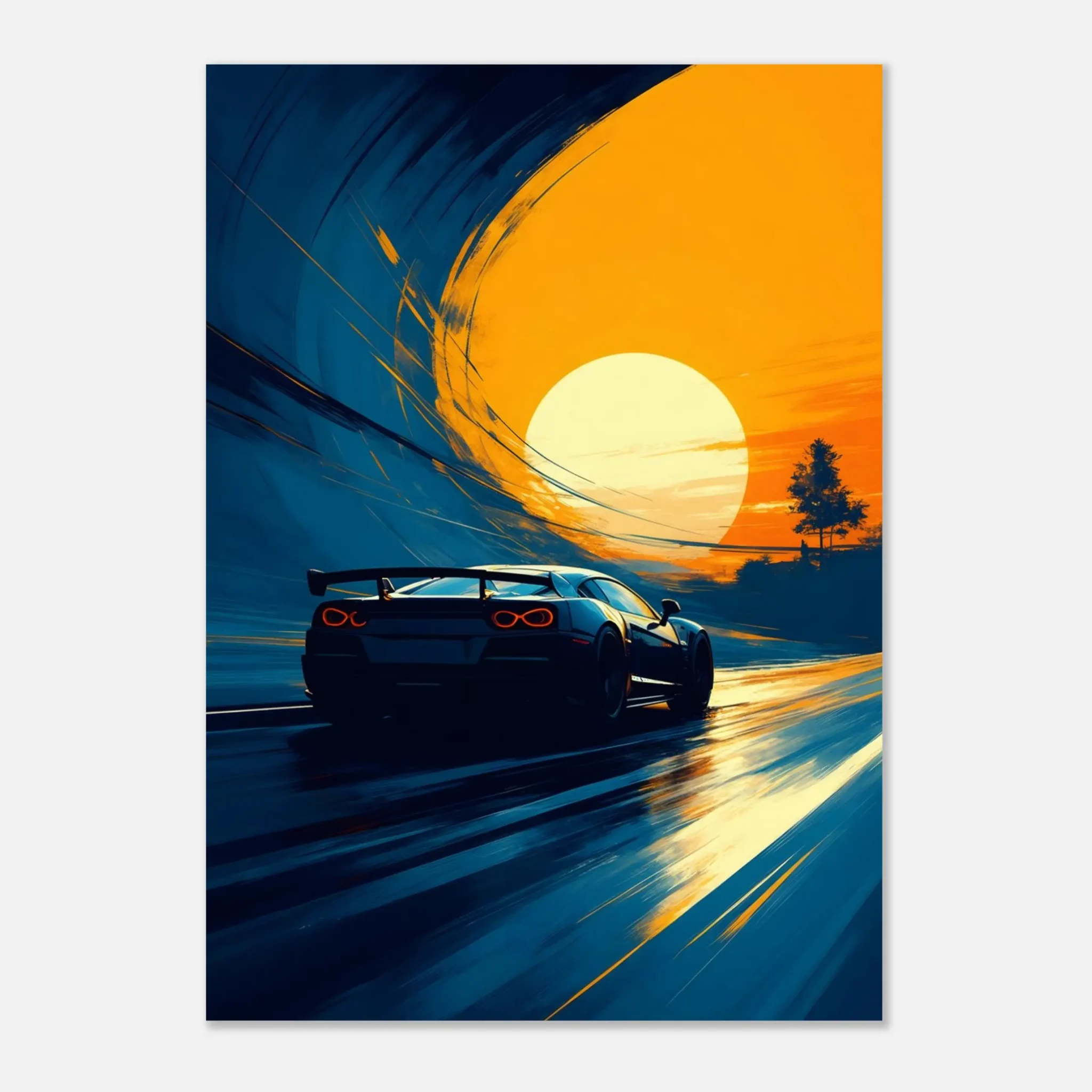 Stylized sports car on a sweeping blue road leading into an orange sunset, with curved brushstrokes suggesting a tunnel. Fine art print from the DORVUREL US Store.