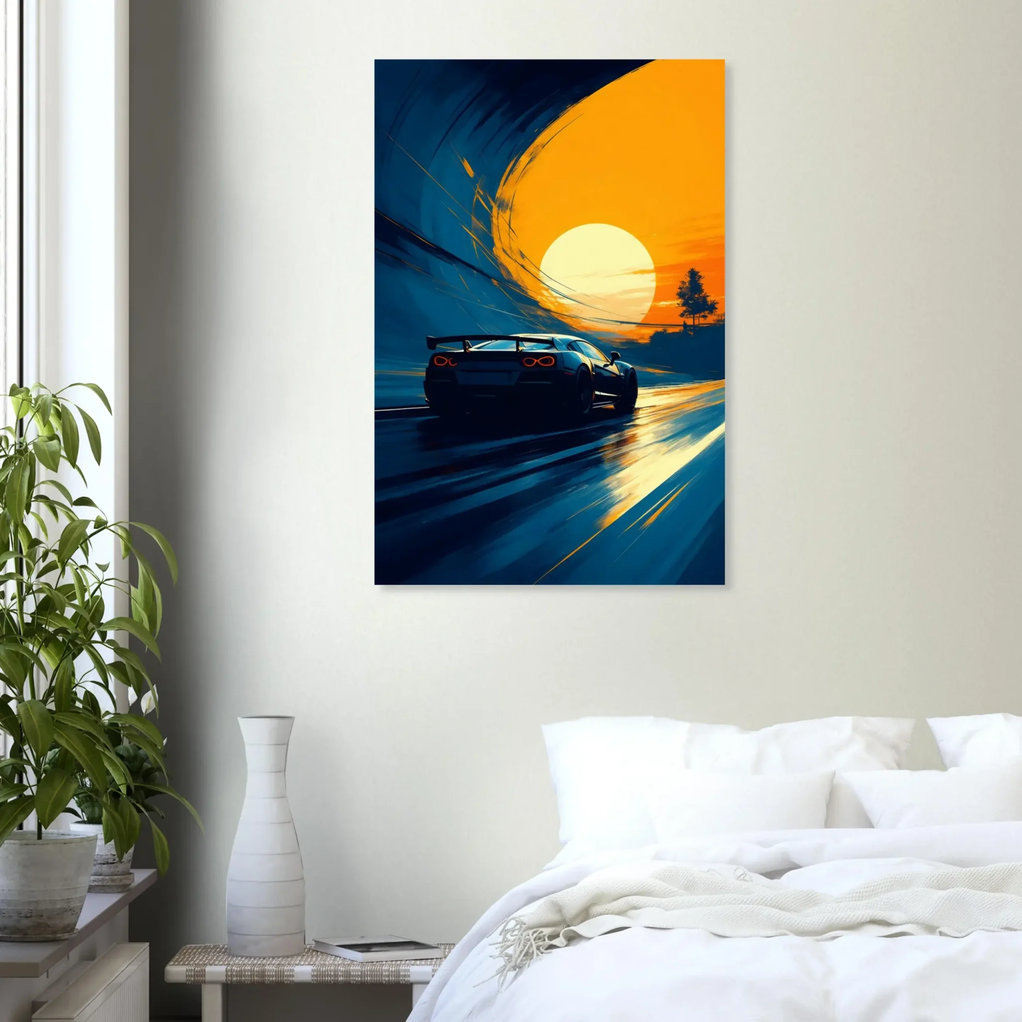 Stylized sports car on a sweeping blue road leading into an orange sunset, with curved brushstrokes suggesting a tunnel. Fine art print from the DORVUREL US Store.
