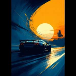 Stylized sports car on a sweeping blue road leading into an orange sunset, with curved brushstrokes suggesting a tunnel. Fine art print from the DORVUREL US Store.