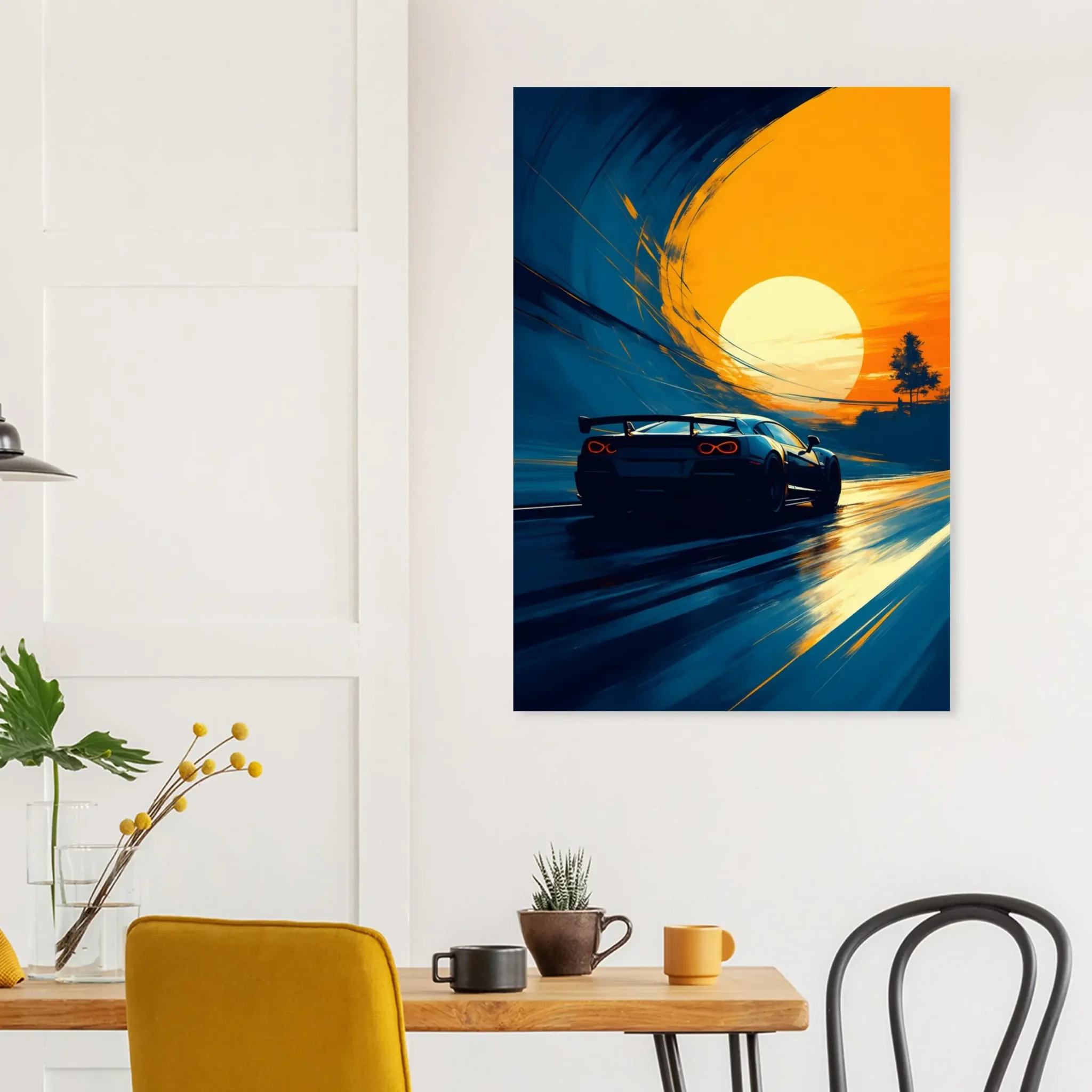 Stylized sports car on a sweeping blue road leading into an orange sunset, with curved brushstrokes suggesting a tunnel. Fine art print from the DORVUREL US Store.