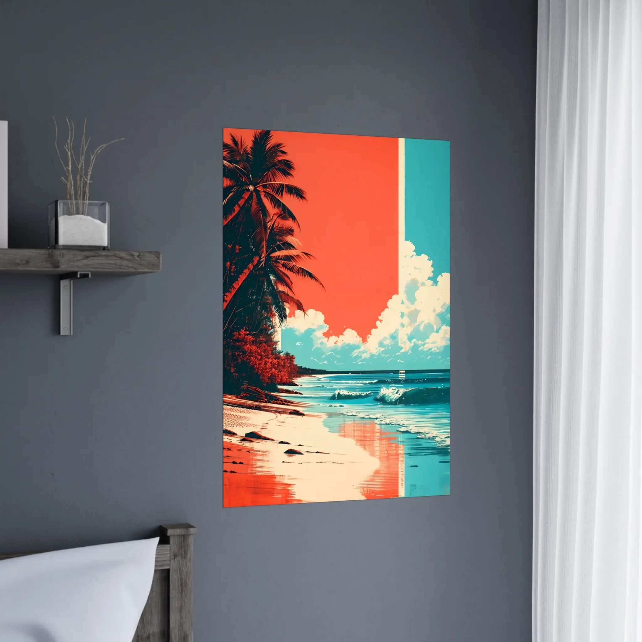 Tropical Beach Seascape wall art inspired by palm trees, coastal landscapes and open horizons. Printed and shipped within North America.