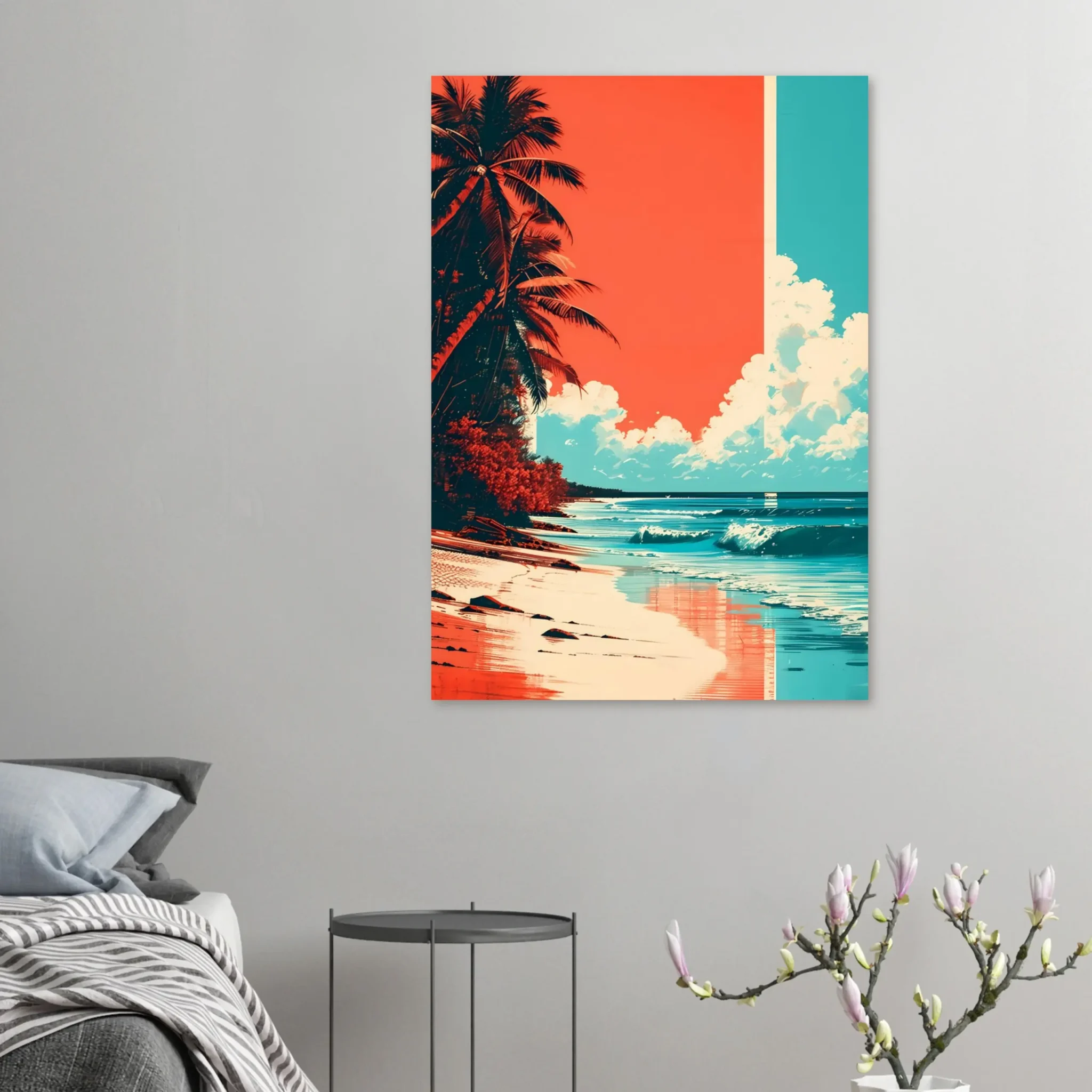 Tropical Beach Seascape wall art inspired by palm trees, coastal landscapes and open horizons. Printed and shipped within North America.