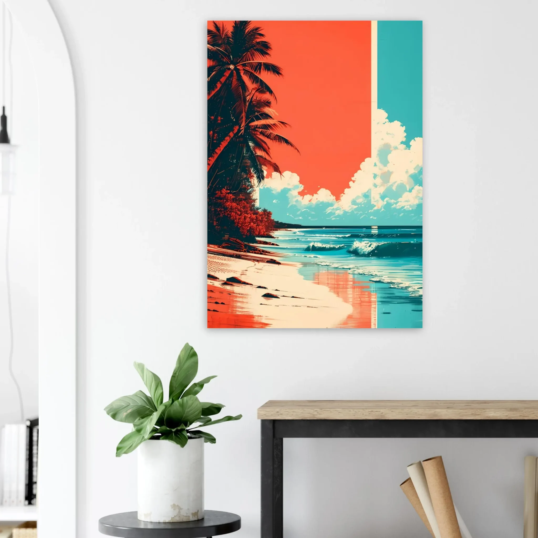 Tropical Beach Seascape wall art inspired by palm trees, coastal landscapes and open horizons. Printed and shipped within North America.