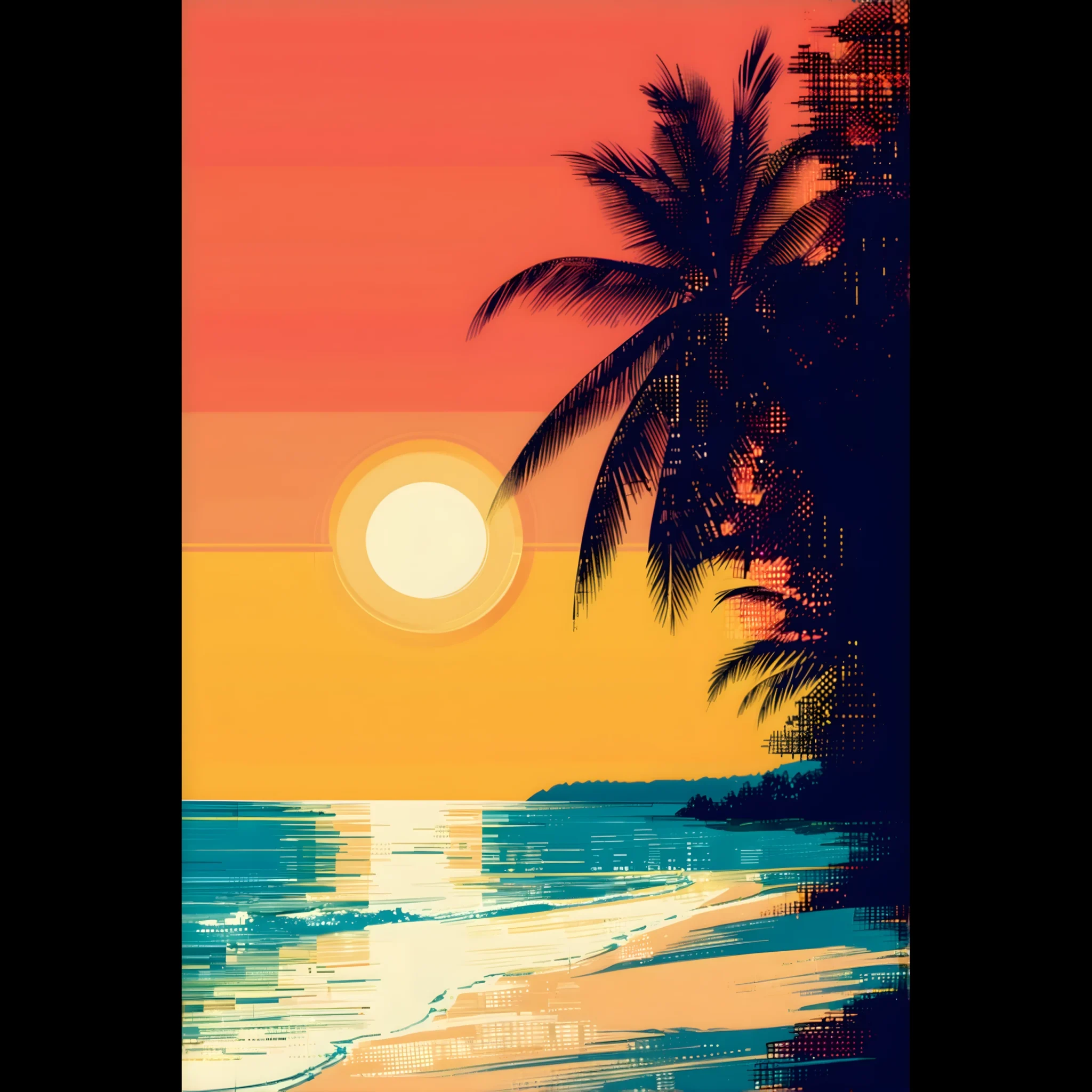 Tropical Beach Seascape wall art inspired by palm trees, coastal landscapes and open horizons. Printed and shipped within North America.
