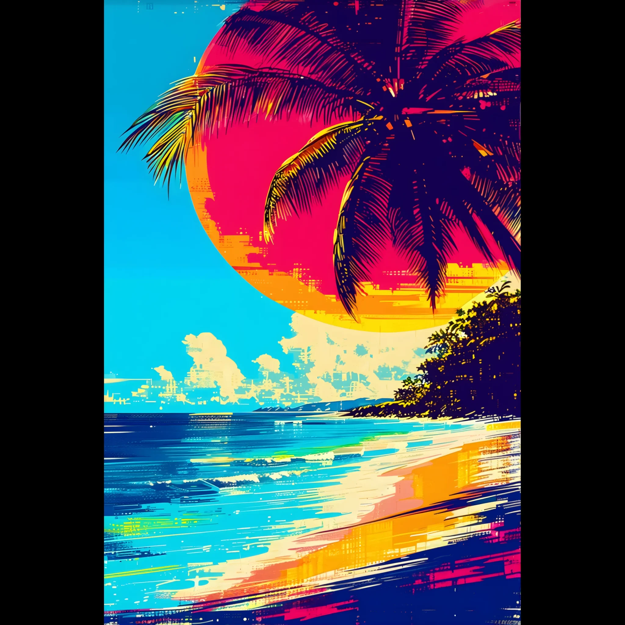 Tropical Beach Seascape wall art inspired by palm trees, coastal landscapes and open horizons. Printed and shipped within North America.