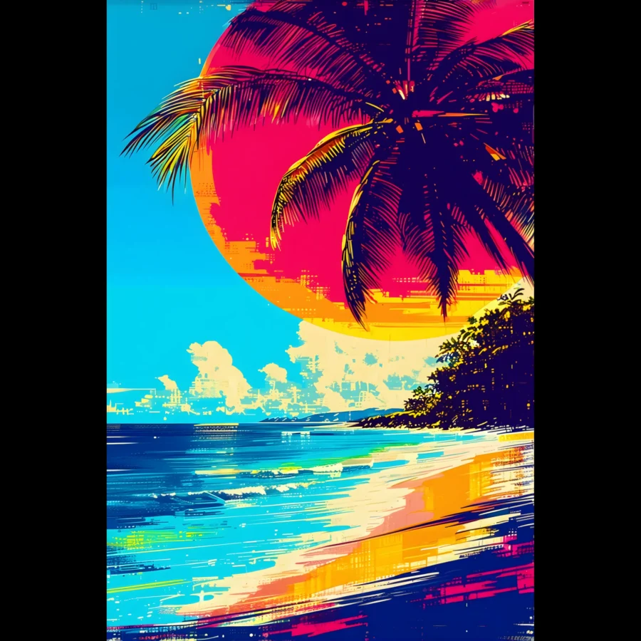 Tropical Beach Seascape wall art inspired by palm trees, coastal landscapes and open horizons. Printed and shipped within North America.
