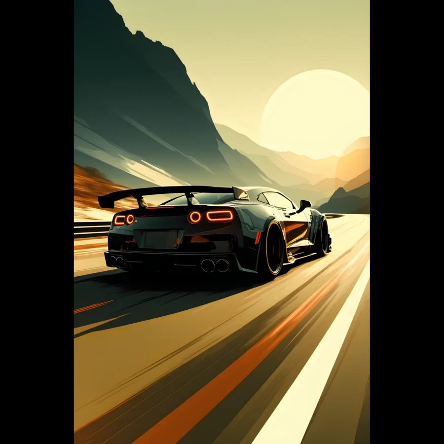 Car Art Sunset Landscape wall art that explores the visual relationship between the car, the road, and the horizon. Fine Art Print.