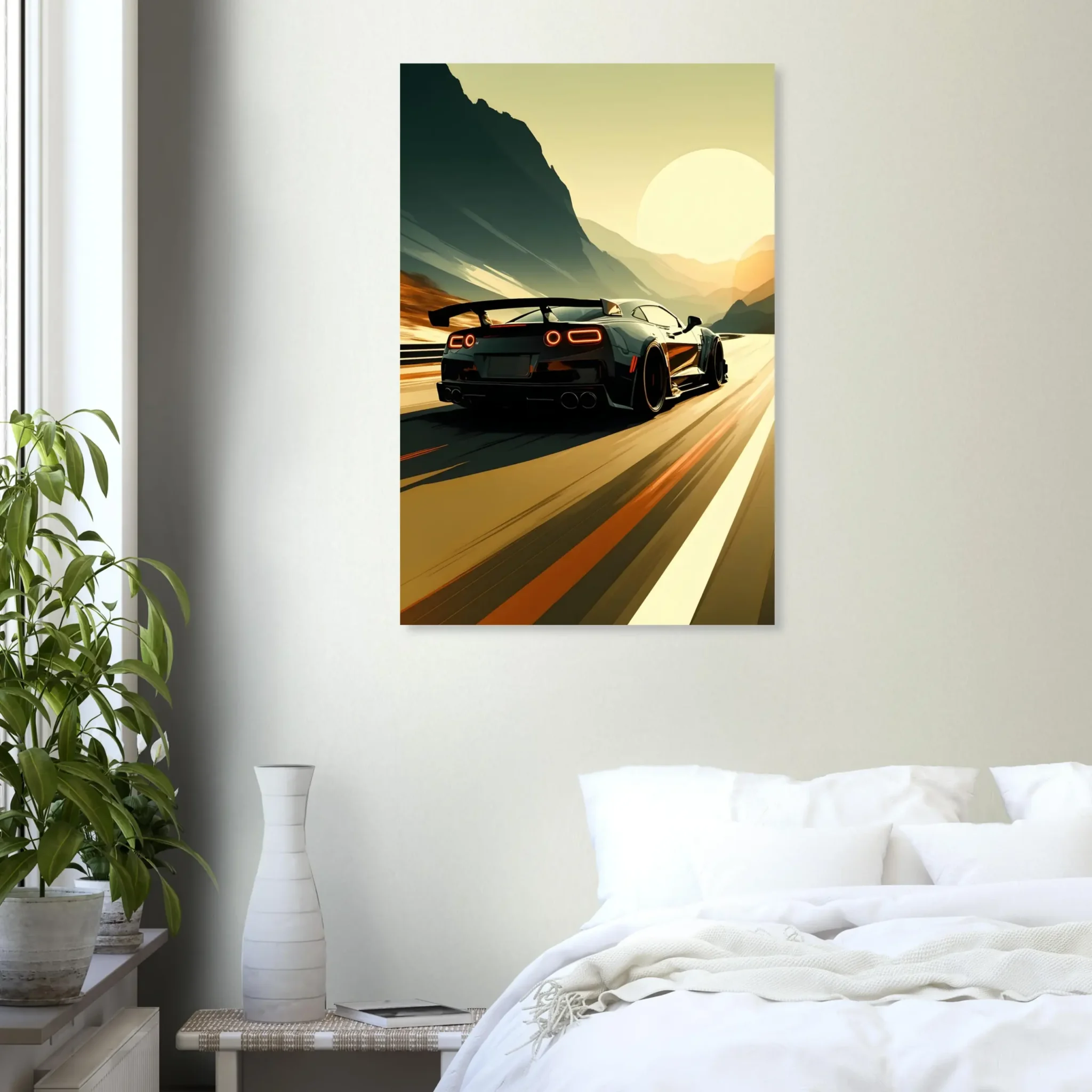 Car Art Sunset Landscape wall art that explores the visual relationship between the car, the road, and the horizon. Fine Art Print.
