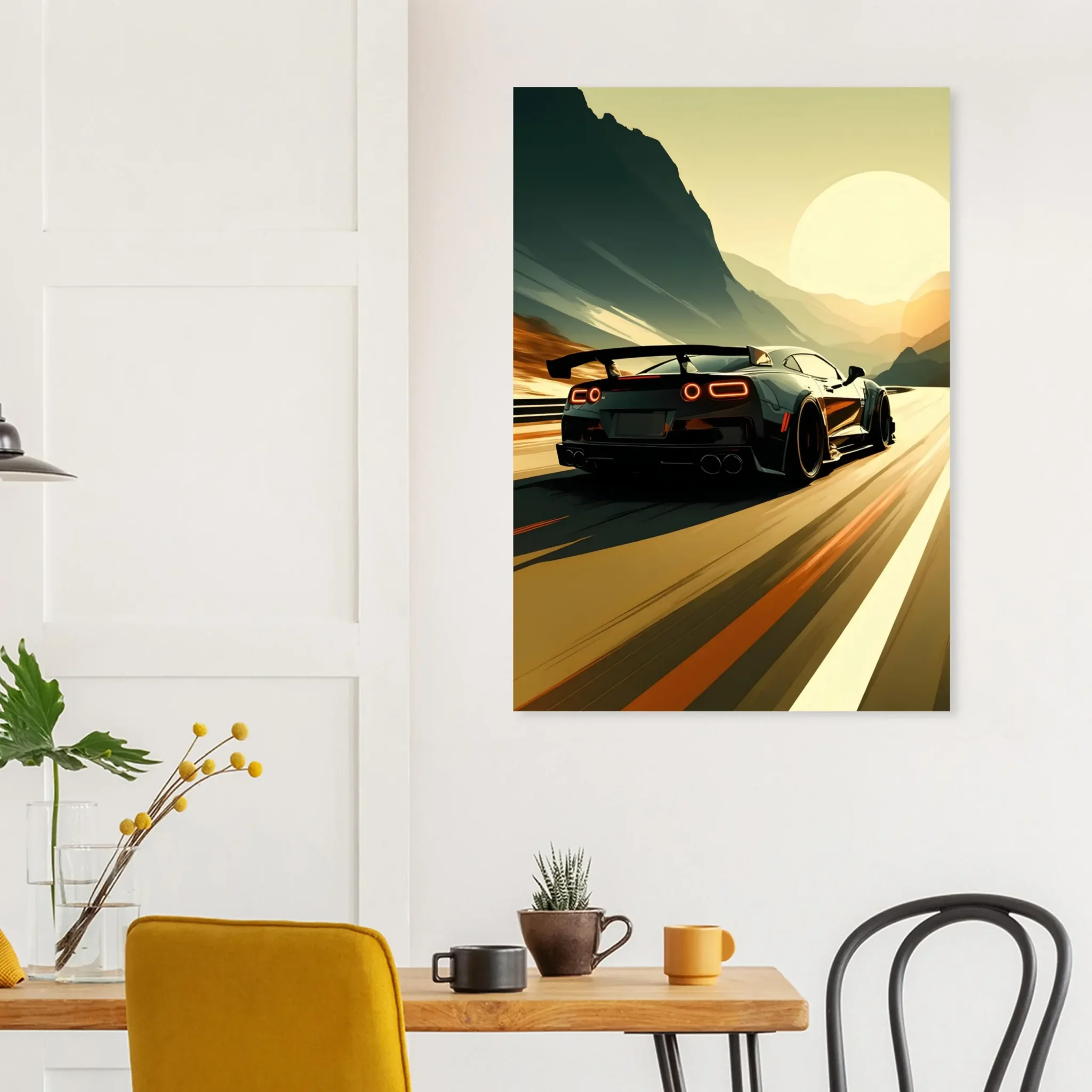 Car Art Sunset Landscape wall art that explores the visual relationship between the car, the road, and the horizon. Fine Art Print.