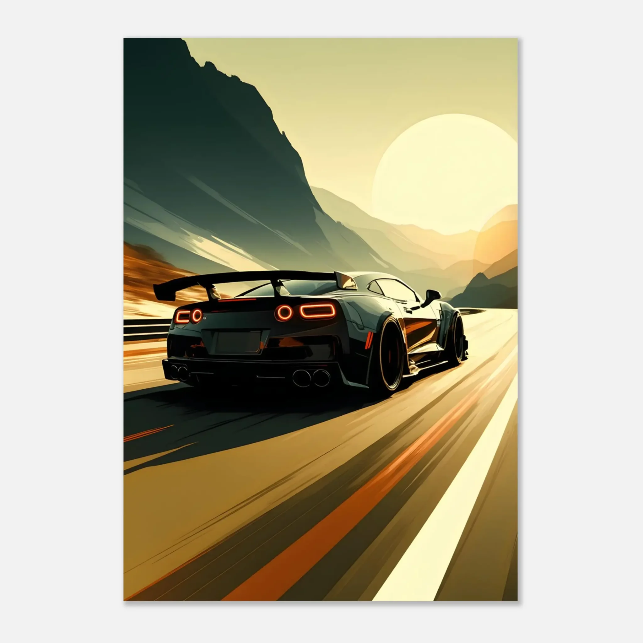 Car Art Sunset Landscape wall art that explores the visual relationship between the car, the road, and the horizon. Fine Art Print.
