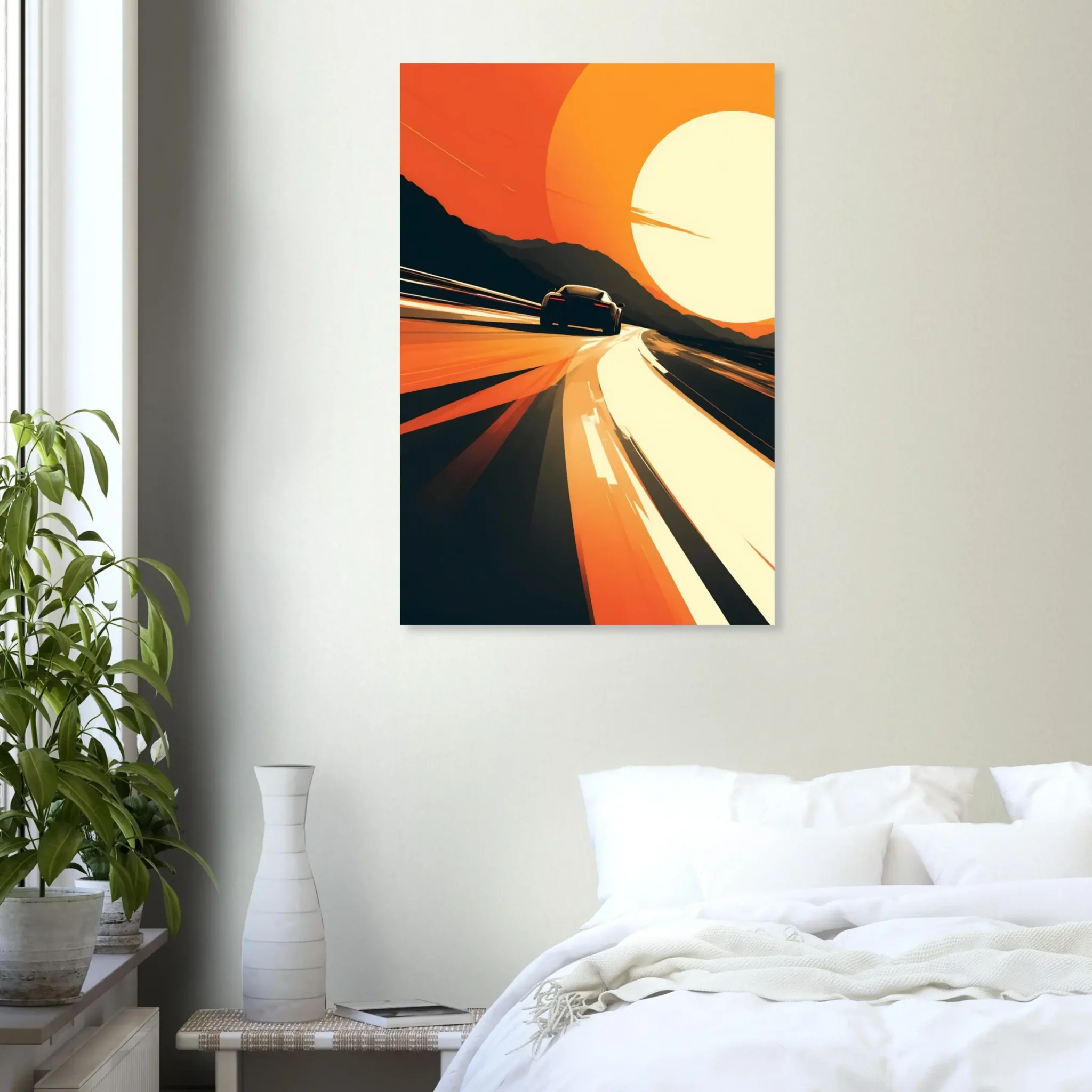 Car Art Sunset Landscape wall art that explores the visual relationship between the car, the road, and the horizon. Fine Art Print.