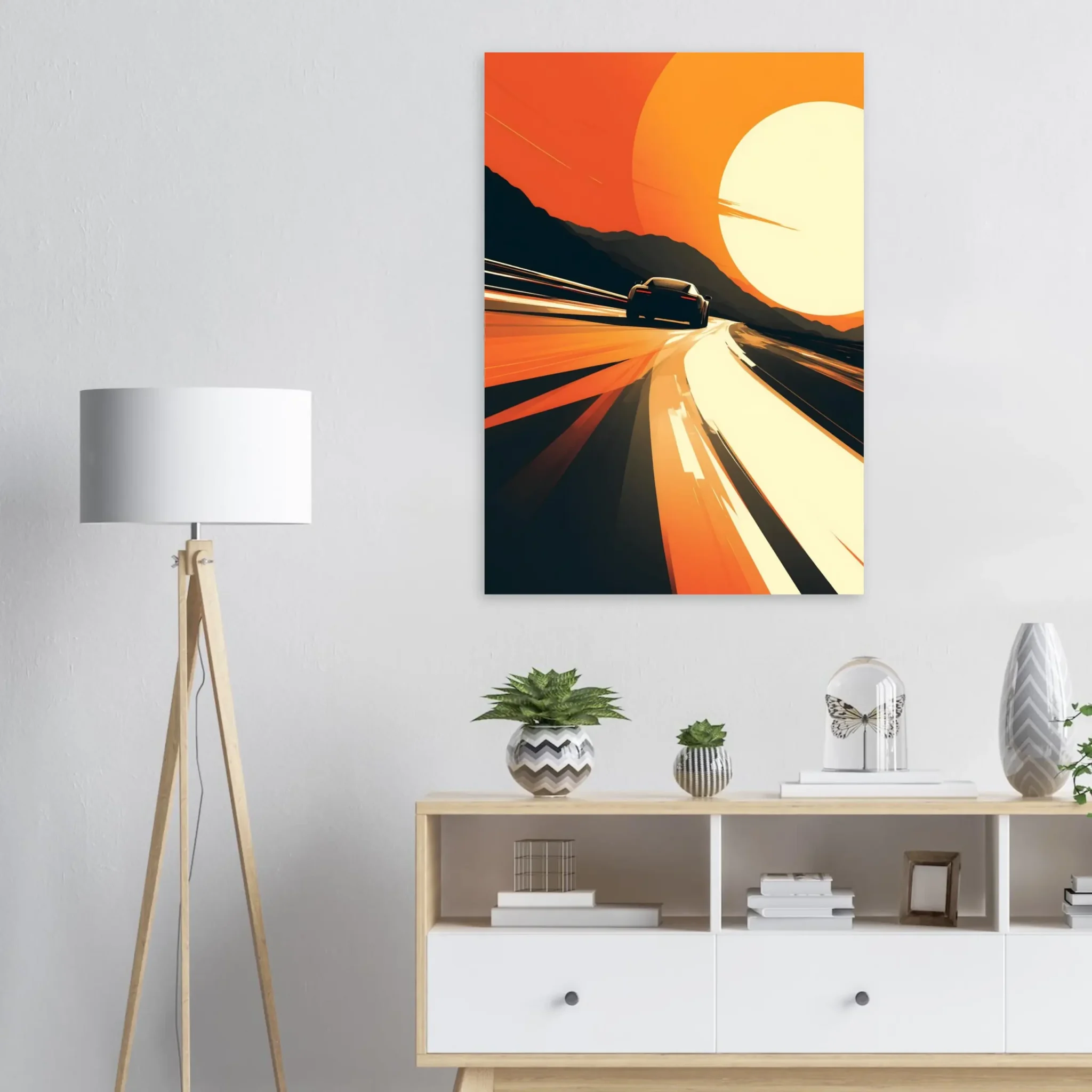 Car Art Sunset Landscape wall art that explores the visual relationship between the car, the road, and the horizon. Fine Art Print.