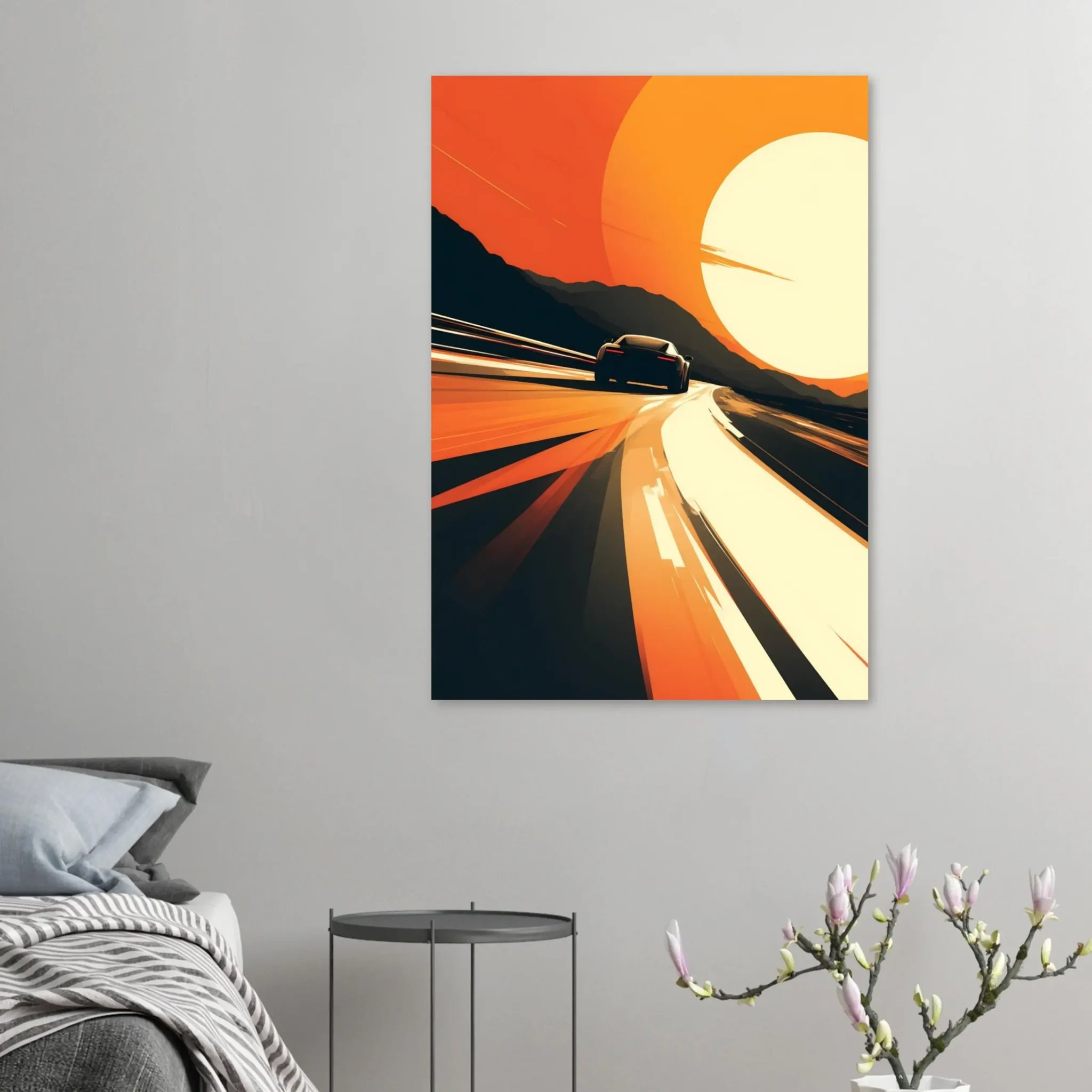 Car Art Sunset Landscape wall art that explores the visual relationship between the car, the road, and the horizon. Fine Art Print.