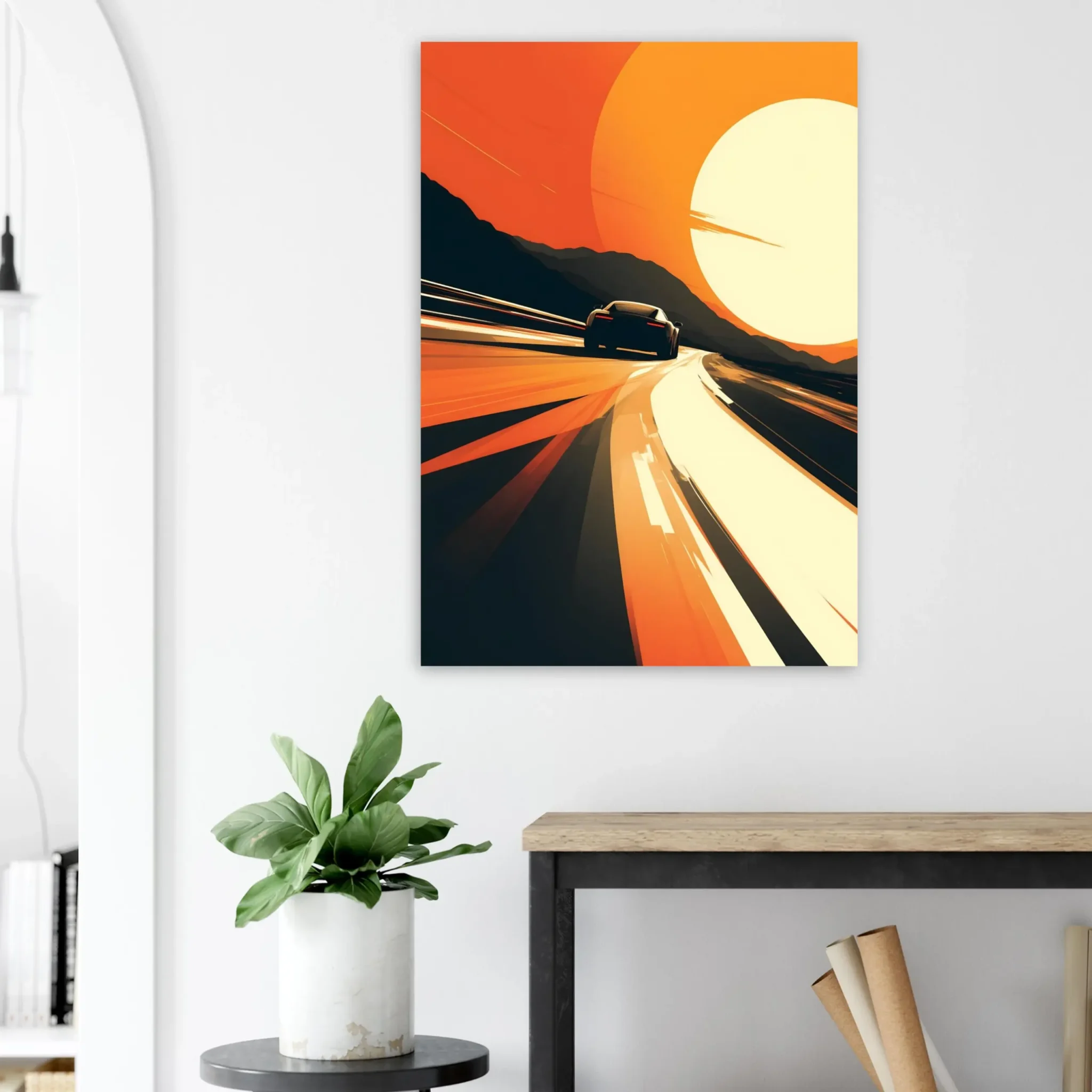 Car Art Sunset Landscape wall art that explores the visual relationship between the car, the road, and the horizon. Fine Art Print.