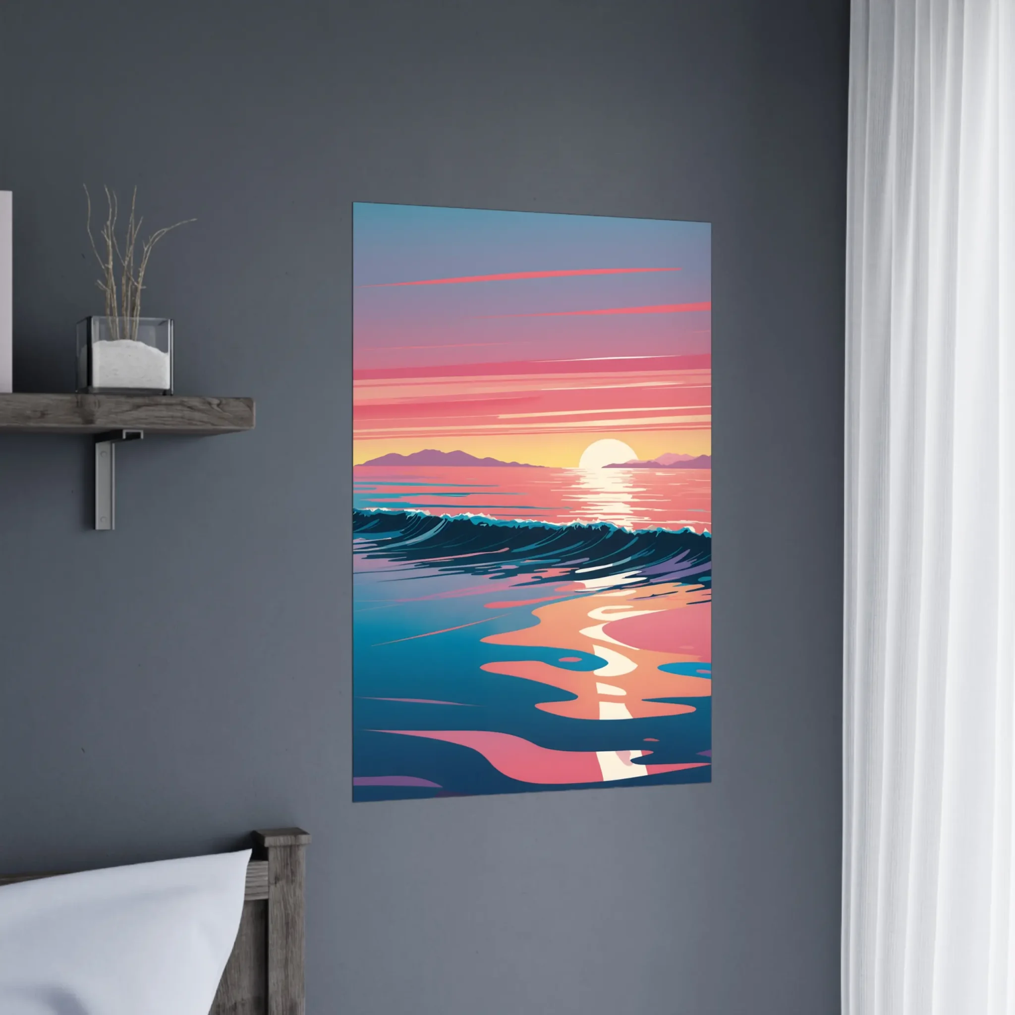 Abstract Coastal Sunset wall art that explores the meeting point between sea, light, and horizon. Art Print, printed and shipped within North America.