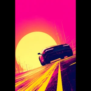 Open Horizon Car Art Sunset Landscape Poster 1 Open Horizon car art poster with a dark sports car beneath a large yellow sun and vivid pink sky — DORVUREL US