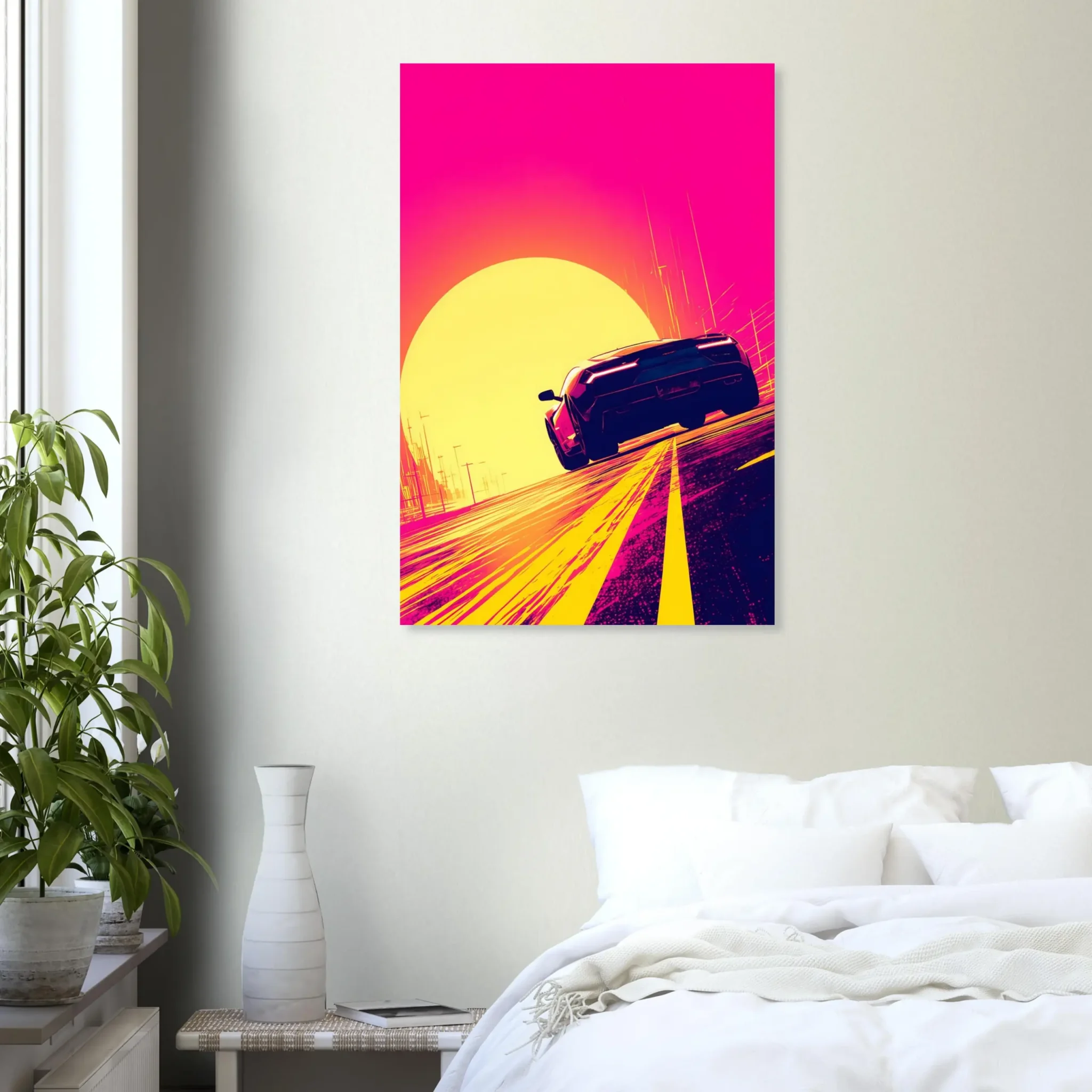 Open Horizon Car Art Sunset Landscape Poster 2 Open Horizon car art poster with a dark sports car beneath a large yellow sun and vivid pink sky — DORVUREL US