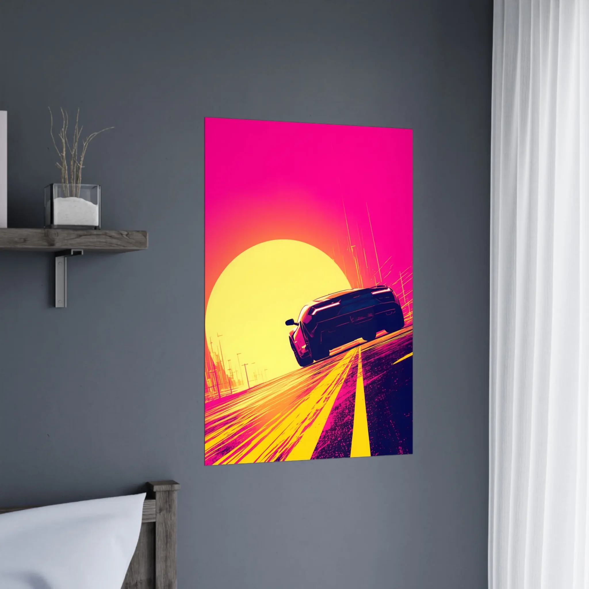 Open Horizon Car Art Sunset Landscape Poster 3 Open Horizon car art poster with a dark sports car beneath a large yellow sun and vivid pink sky — DORVUREL US
