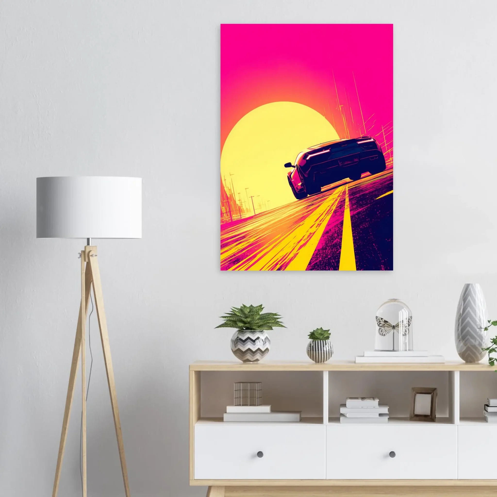 Open Horizon Car Art Sunset Landscape Poster 4 Open Horizon car art poster with a dark sports car beneath a large yellow sun and vivid pink sky — DORVUREL US