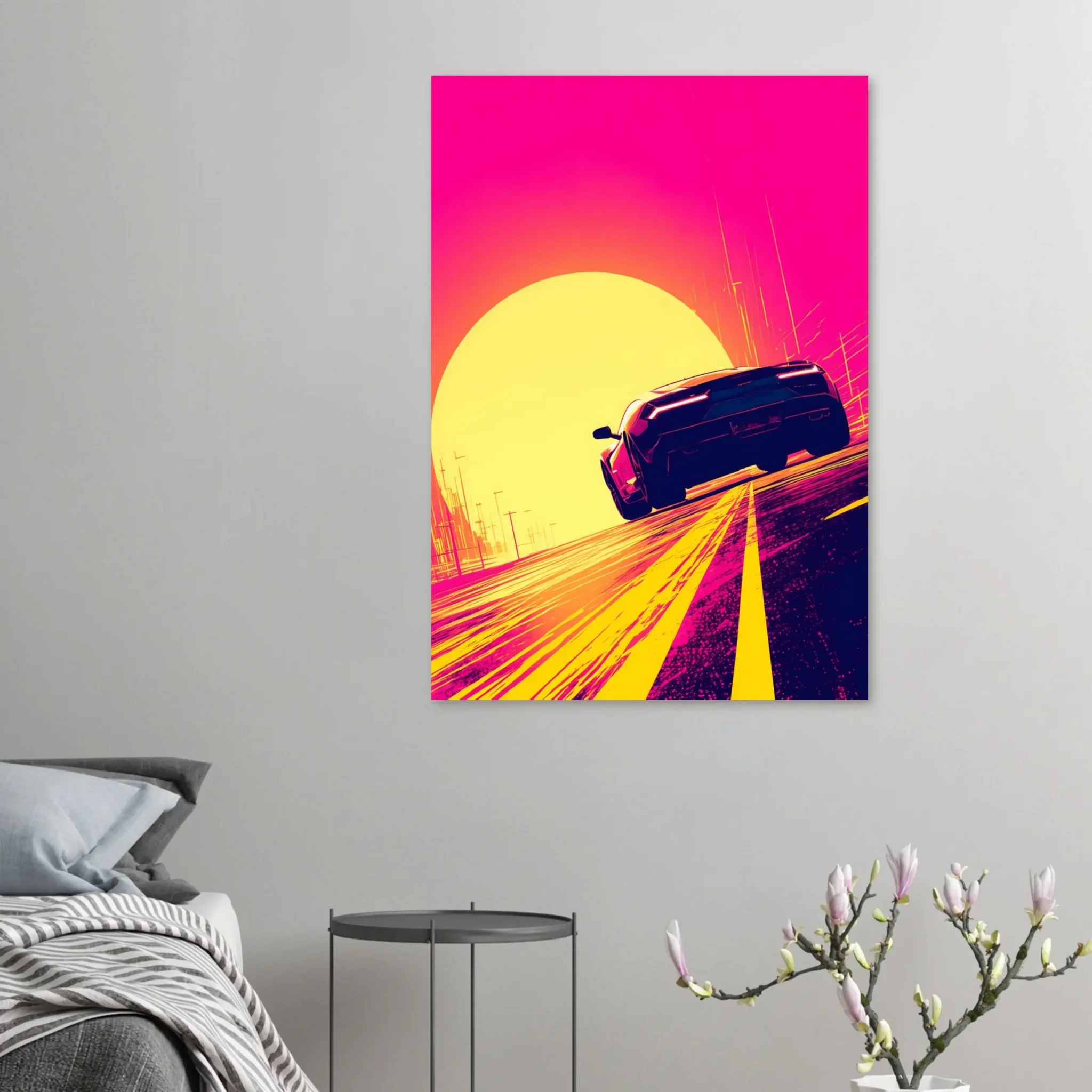Open Horizon Car Art Sunset Landscape Poster 5 Open Horizon car art poster with a dark sports car beneath a large yellow sun and vivid pink sky — DORVUREL US
