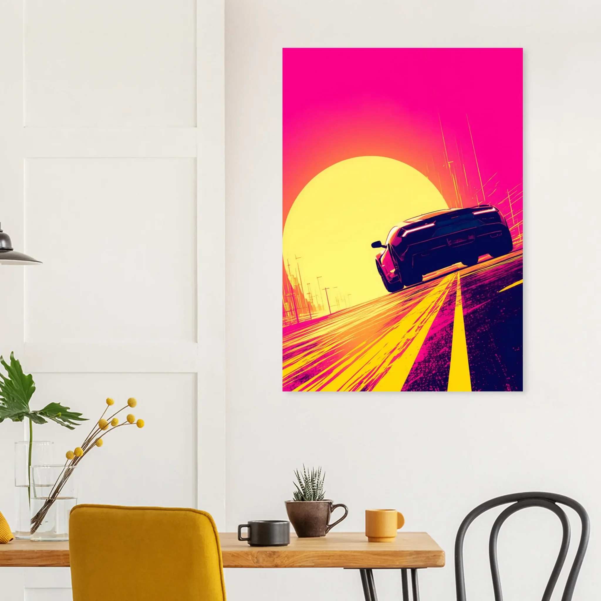 Open Horizon Car Art Sunset Landscape Poster 6 Open Horizon car art poster with a dark sports car beneath a large yellow sun and vivid pink sky — DORVUREL US