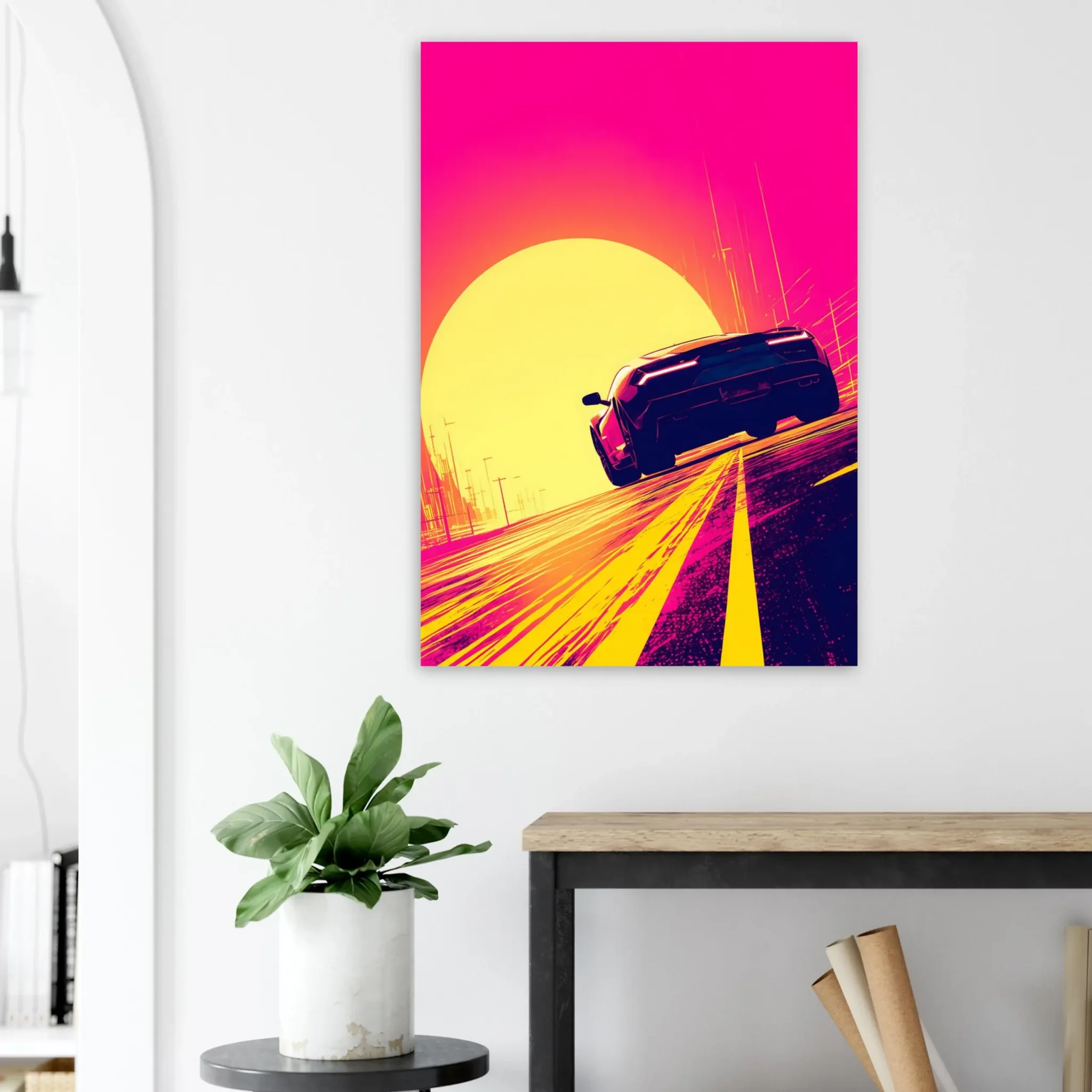 Open Horizon Car Art Sunset Landscape Poster 7 Open Horizon car art poster with a dark sports car beneath a large yellow sun and vivid pink sky — DORVUREL US