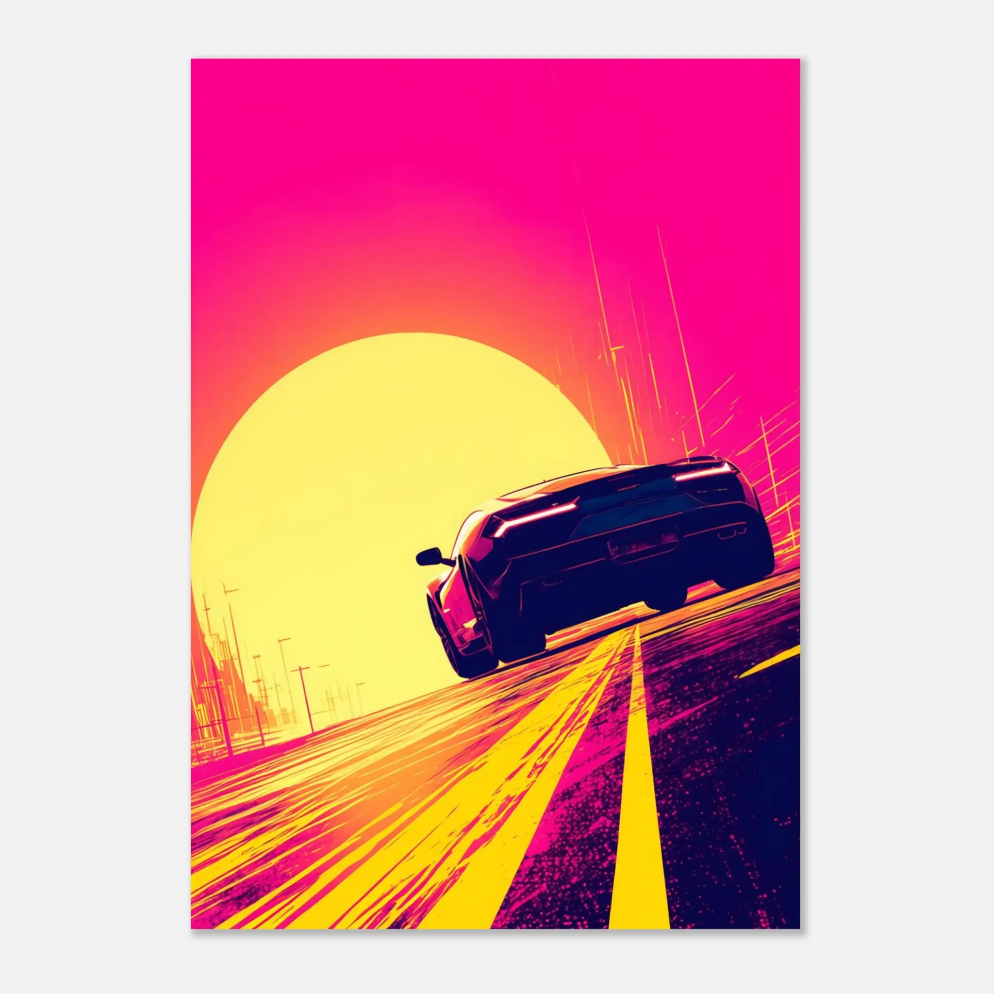 Open Horizon Car Art Sunset Landscape Poster 8 Open Horizon car art poster with a dark sports car beneath a large yellow sun and vivid pink sky — DORVUREL US