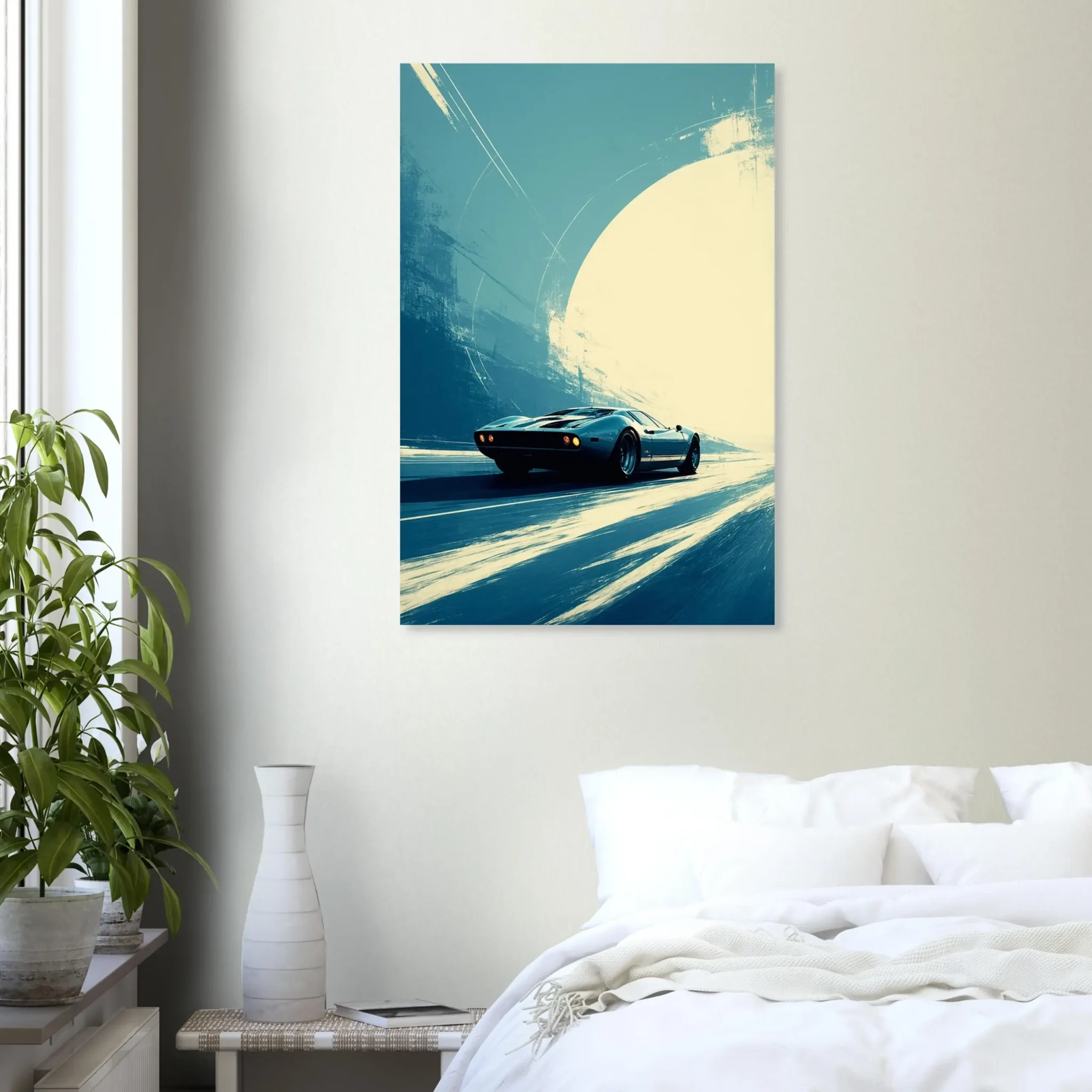 Car Art Sunset Landscape wall art that explores the visual relationship between the car, the road, and the horizon. Fine Art Print.