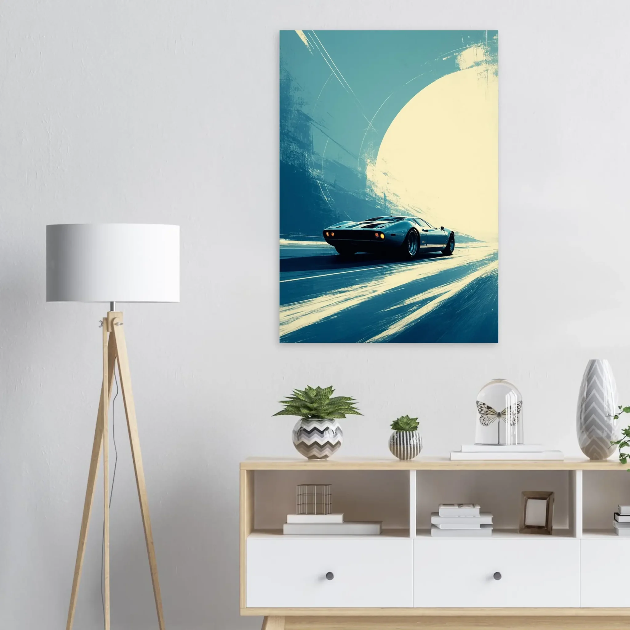 Car Art Sunset Landscape wall art that explores the visual relationship between the car, the road, and the horizon. Fine Art Print.