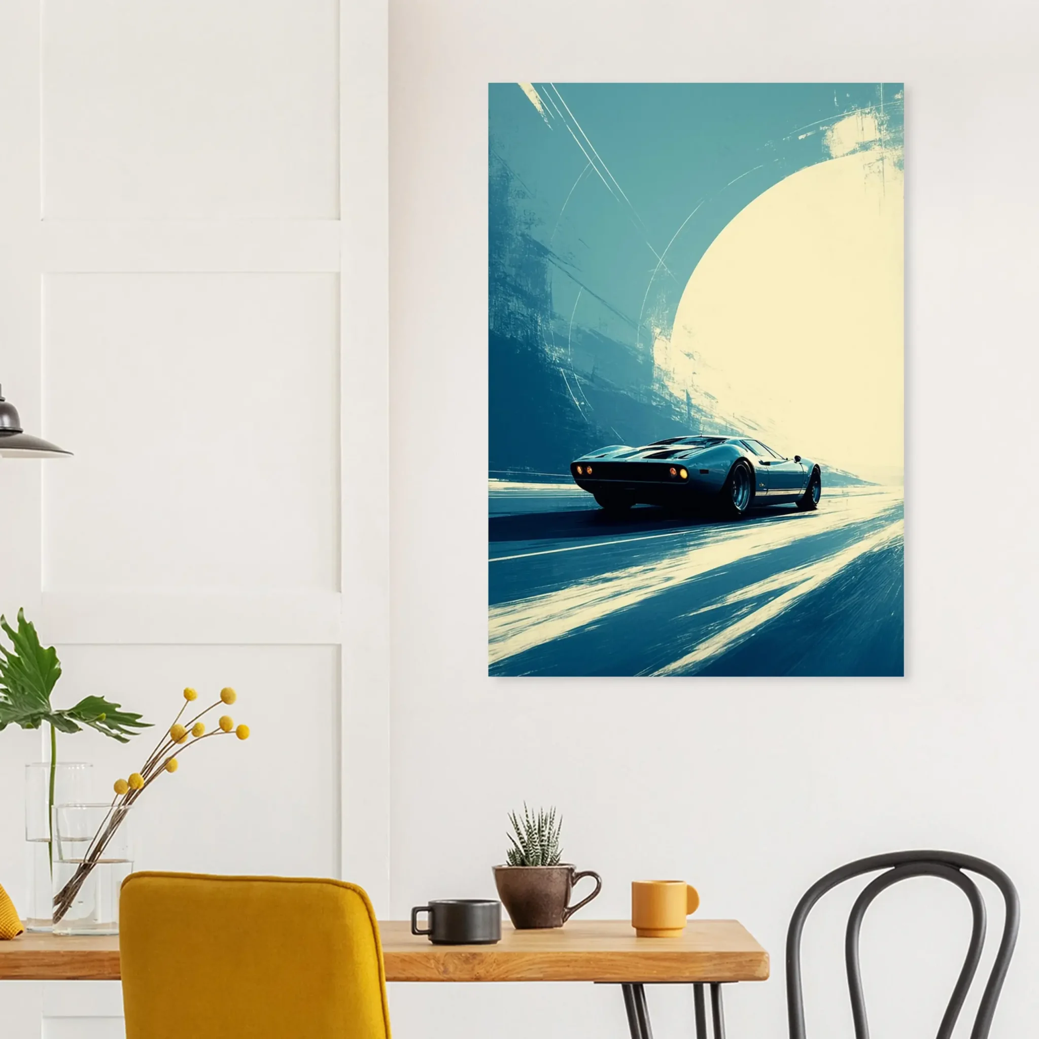 Car Art Sunset Landscape wall art that explores the visual relationship between the car, the road, and the horizon. Fine Art Print.