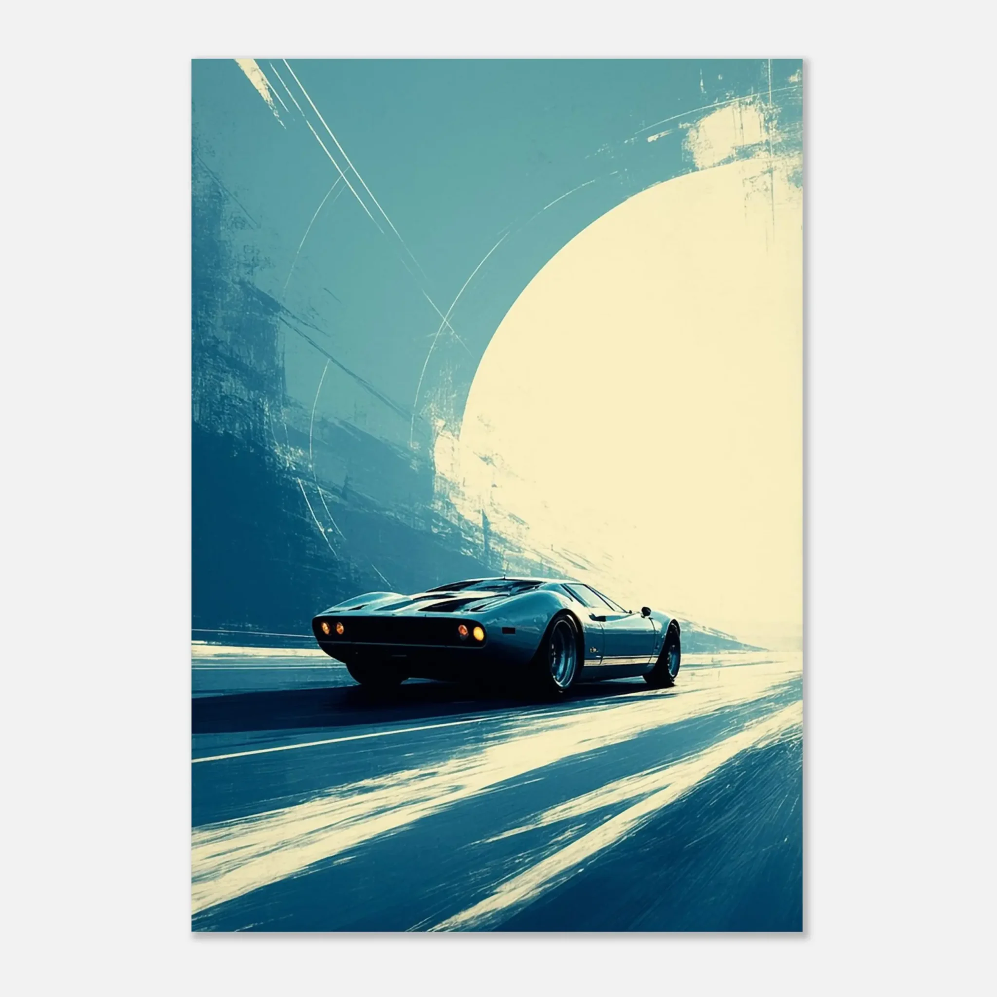 Car Art Sunset Landscape wall art that explores the visual relationship between the car, the road, and the horizon. Fine Art Print.