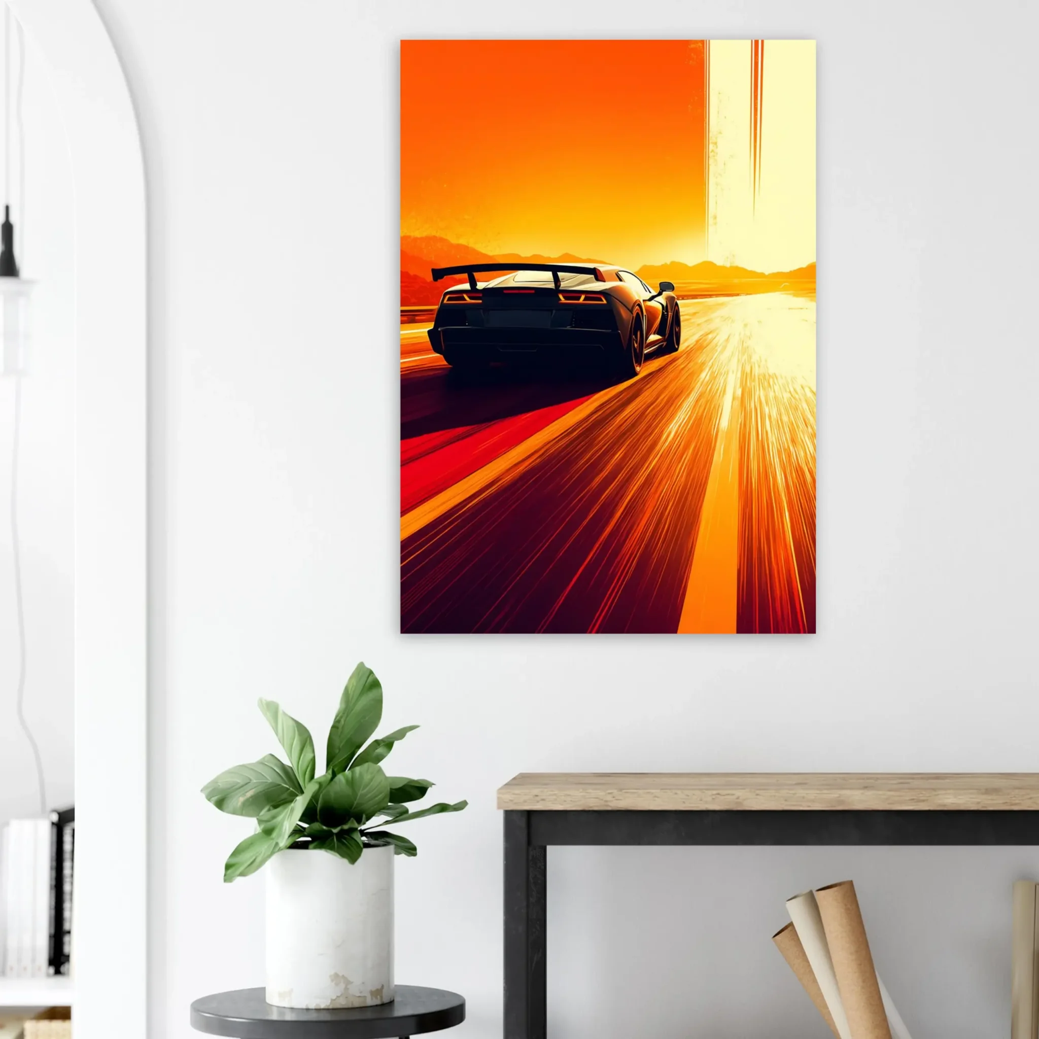 Radiant Course Car Art Sunset Landscape Poster 7 Car Art Sunset Landscape wall art that explores the visual relationship between the car, the road, and the horizon. Fine Art Print.