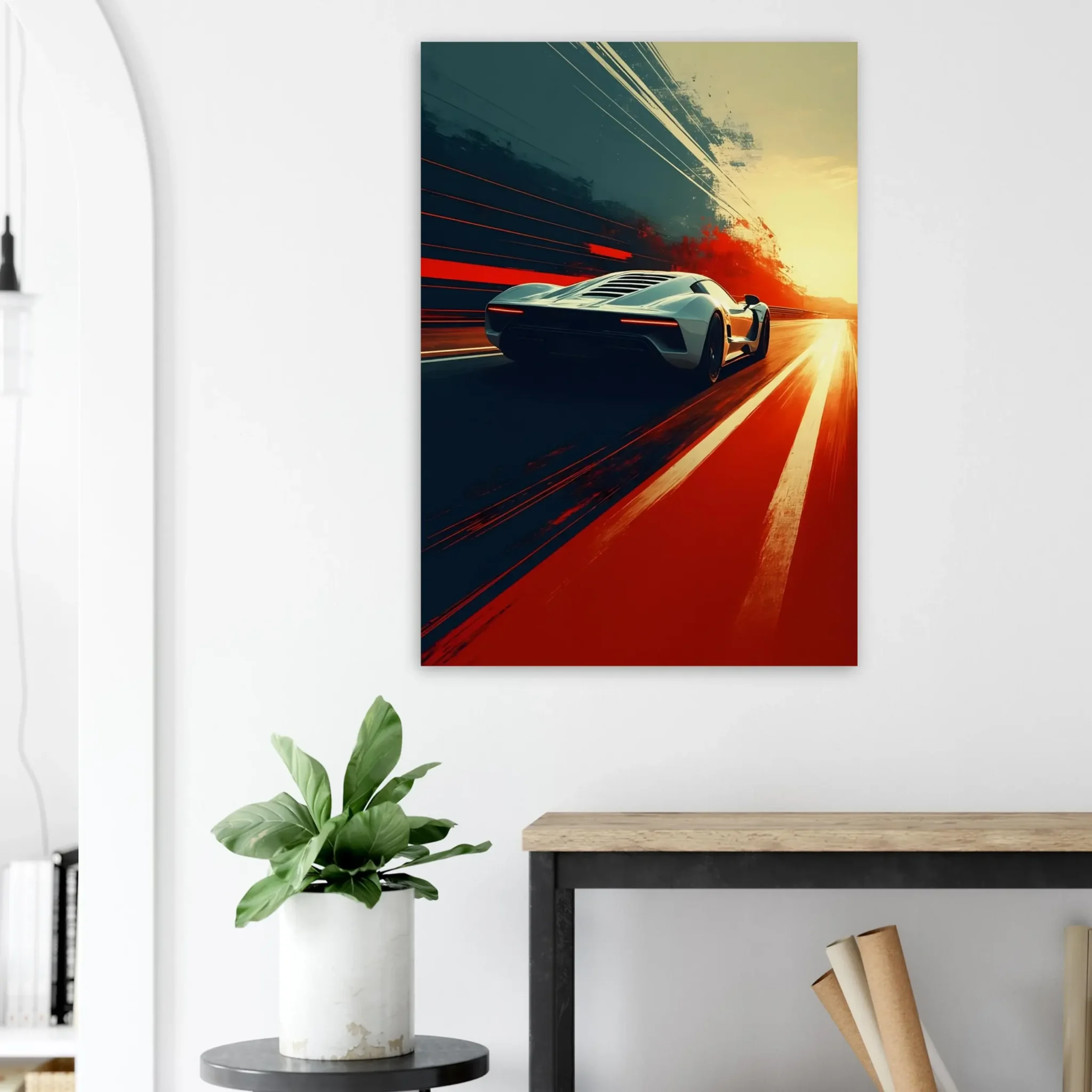 Red Vector Car Art Sunset Landscape Poster V2 - 3 Car Art Sunset Landscape wall art that explores the visual relationship between the car, the road, and the horizon. Fine Art Print.
