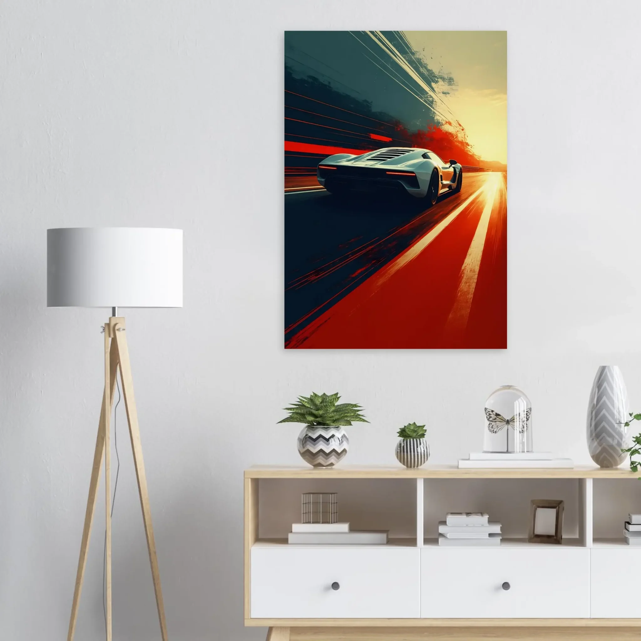 Red Vector Car Art Sunset Landscape Poster V2 - 4 Car Art Sunset Landscape wall art that explores the visual relationship between the car, the road, and the horizon. Fine Art Print.