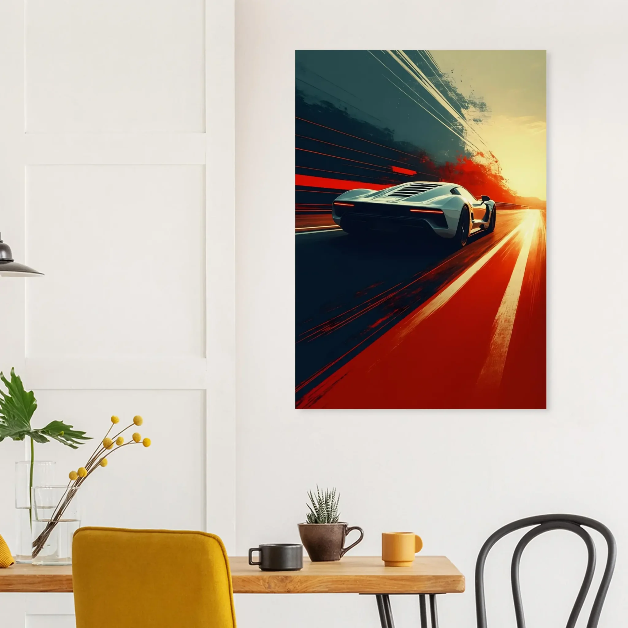 Red Vector Car Art Sunset Landscape Poster V2 - 6 Car Art Sunset Landscape wall art that explores the visual relationship between the car, the road, and the horizon. Fine Art Print.