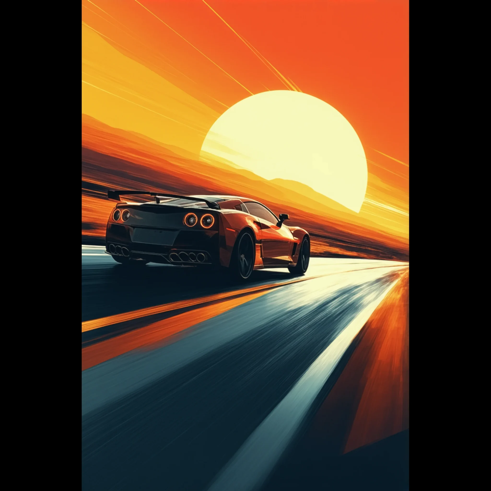 Sunbound Trajectory Car Art Sunset Landscape Poster 1 Car Art Sunset Landscape wall art that explores the visual relationship between the car, the road, and the horizon. Fine Art Print.