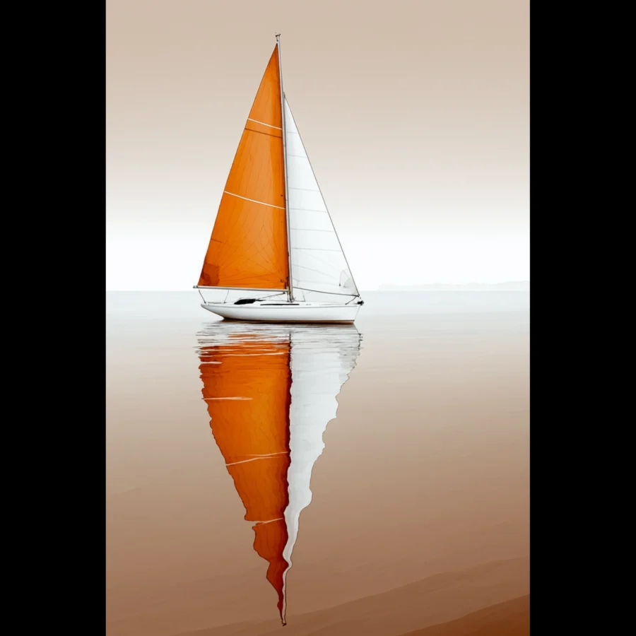 Minimalist sailboat seascape wall art featuring a solitary vessel, reflective water, and an open horizon. Fine art print from the ColorVanta US Store.