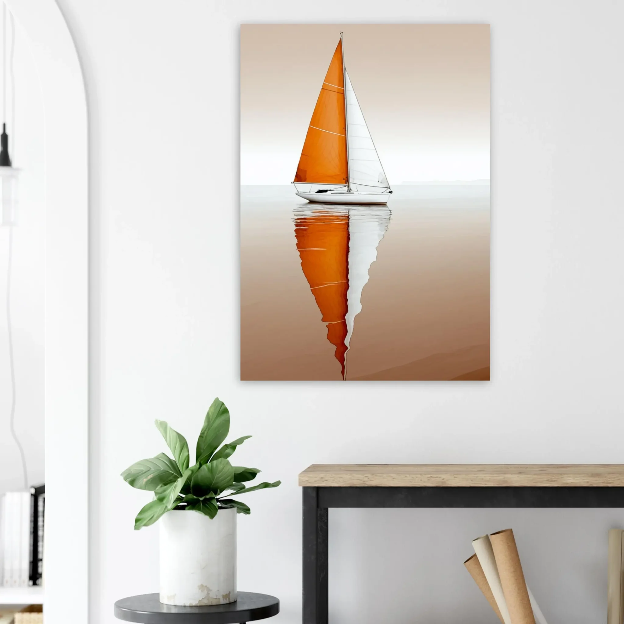 Amber Still Minimalist Sailboat Seascape Art Print 3 Minimalist sailboat seascape wall art featuring a solitary vessel, reflective water, and an open horizon. Fine art print from the ColorVanta US Store.