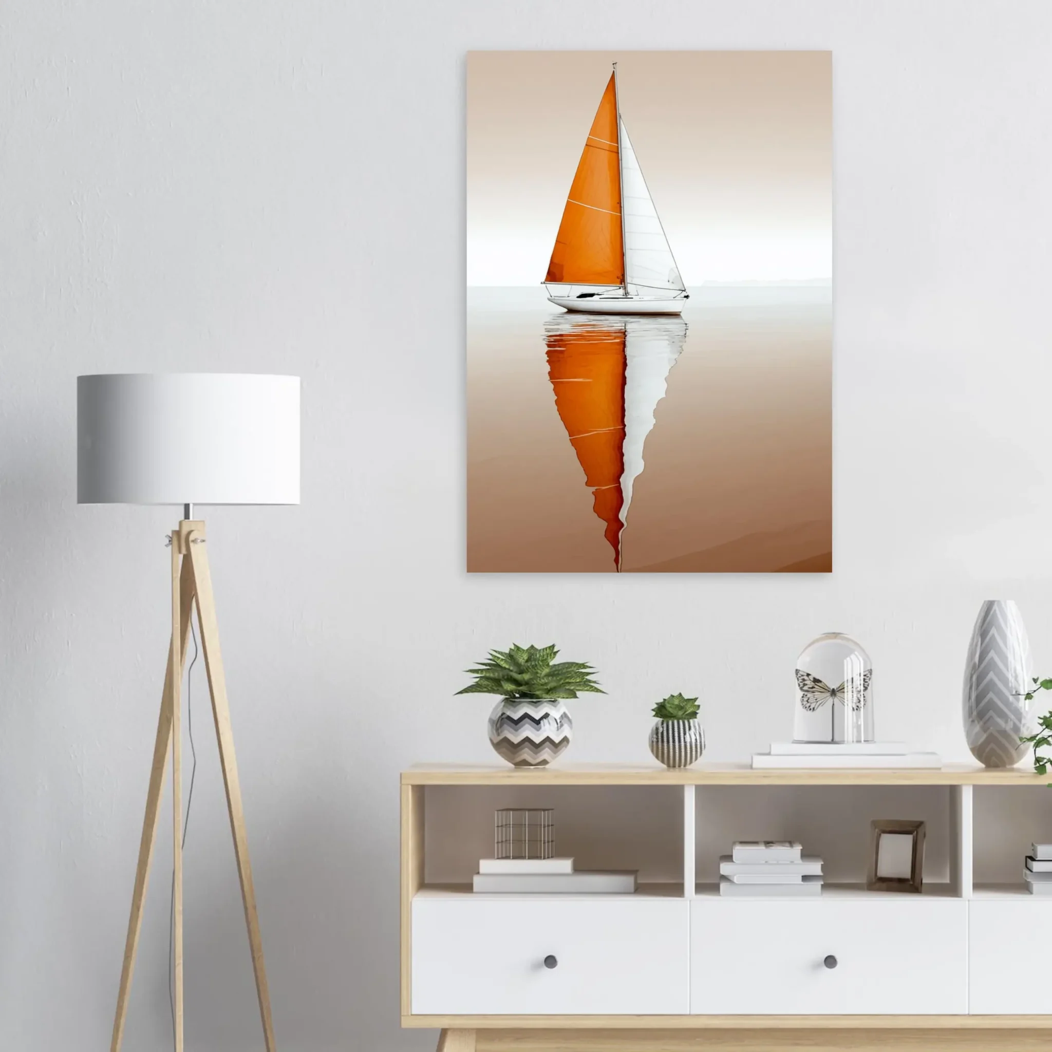 Amber Still Minimalist Sailboat Seascape Art Print 4 Minimalist sailboat seascape wall art featuring a solitary vessel, reflective water, and an open horizon. Fine art print from the ColorVanta US Store.