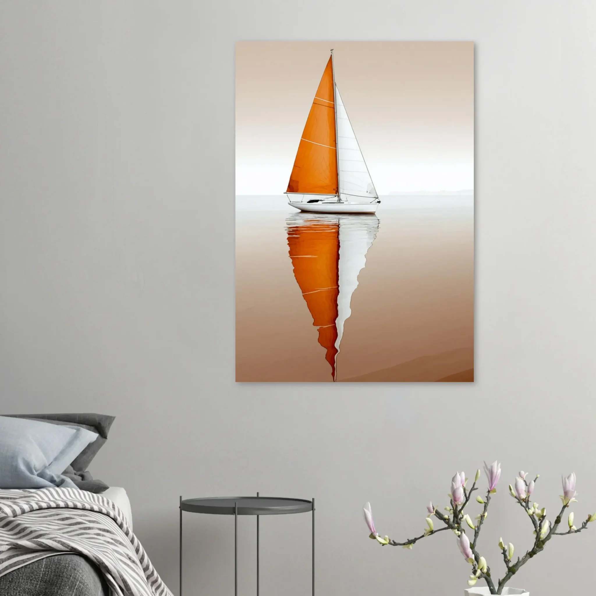 Amber Still Minimalist Sailboat Seascape Art Print 5 Minimalist sailboat seascape wall art featuring a solitary vessel, reflective water, and an open horizon. Fine art print from the ColorVanta US Store.