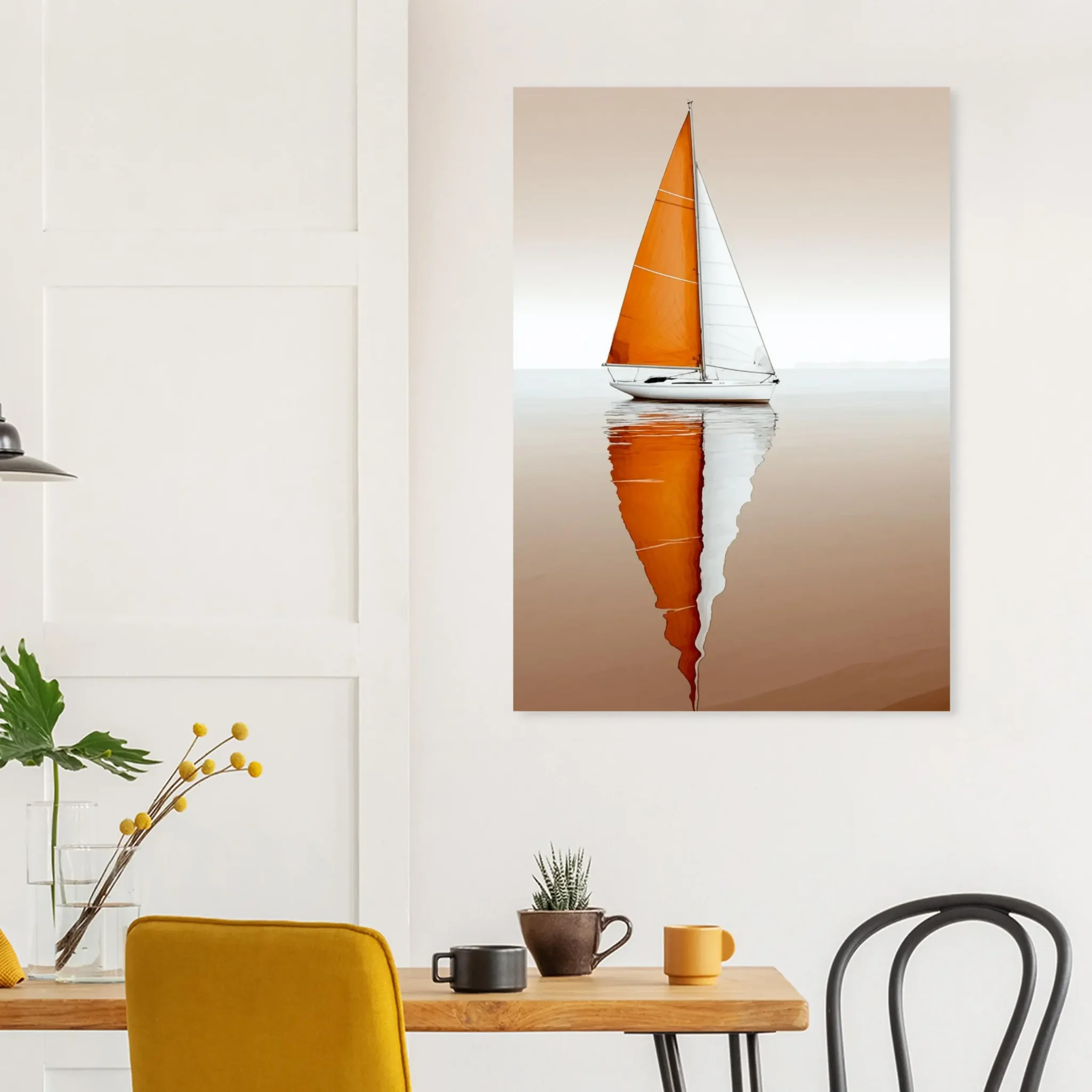 Amber Still Minimalist Sailboat Seascape Art Print 6 Minimalist sailboat seascape wall art featuring a solitary vessel, reflective water, and an open horizon. Fine art print from the ColorVanta US Store.