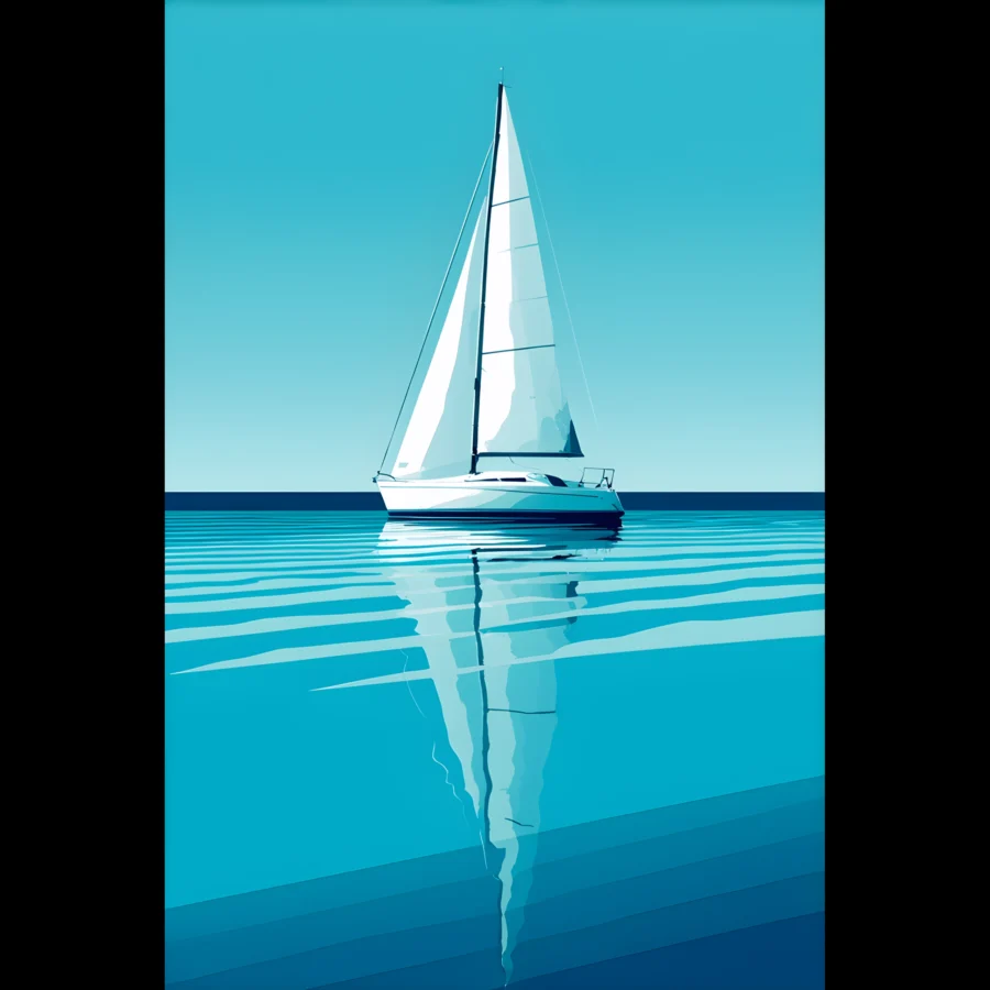 Minimalist sailboat seascape wall art featuring a solitary vessel, reflective water, and an open horizon. Fine art print from the ColorVanta US Store.