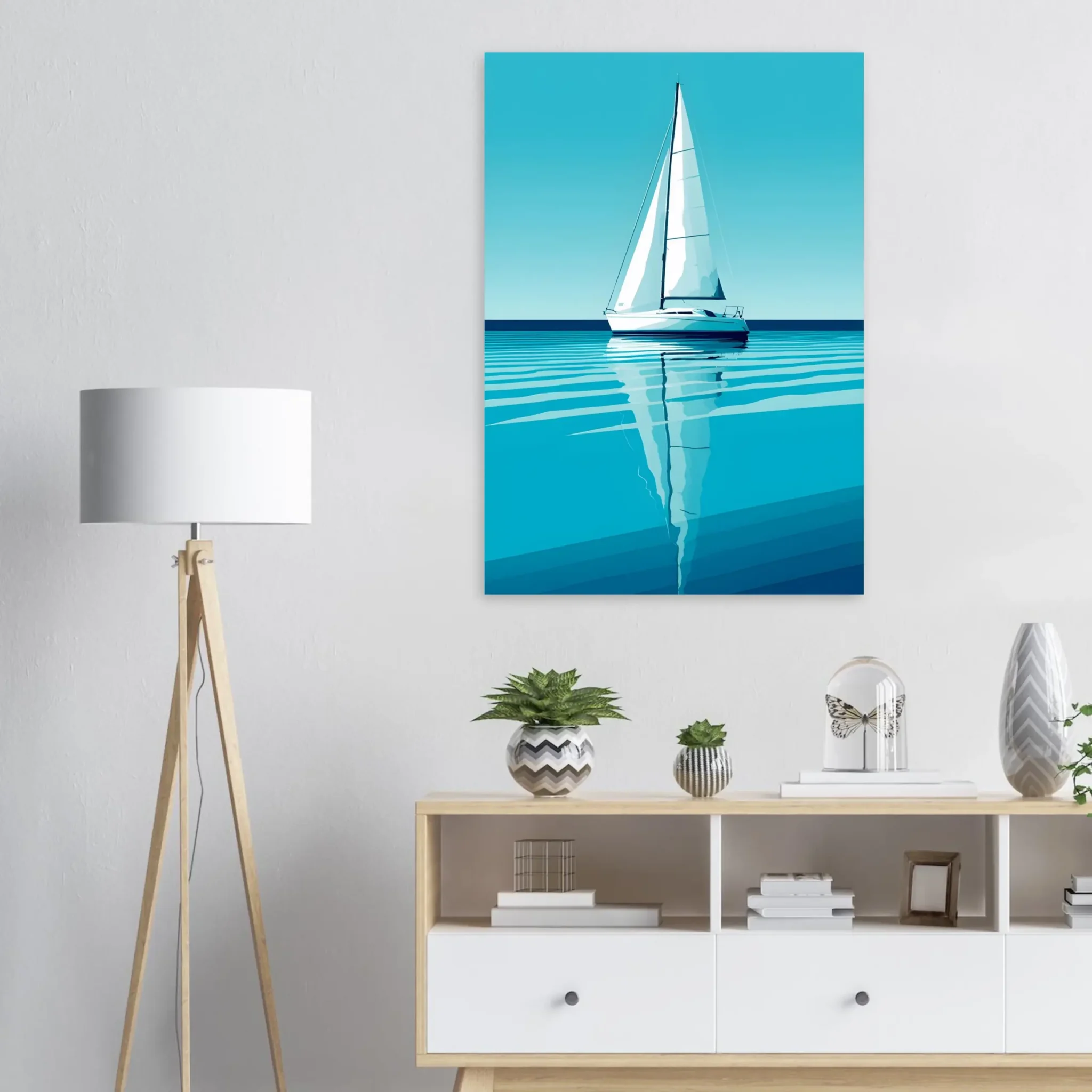Minimalist sailboat seascape wall art featuring a solitary vessel, reflective water, and an open horizon. Fine art print from the ColorVanta US Store.