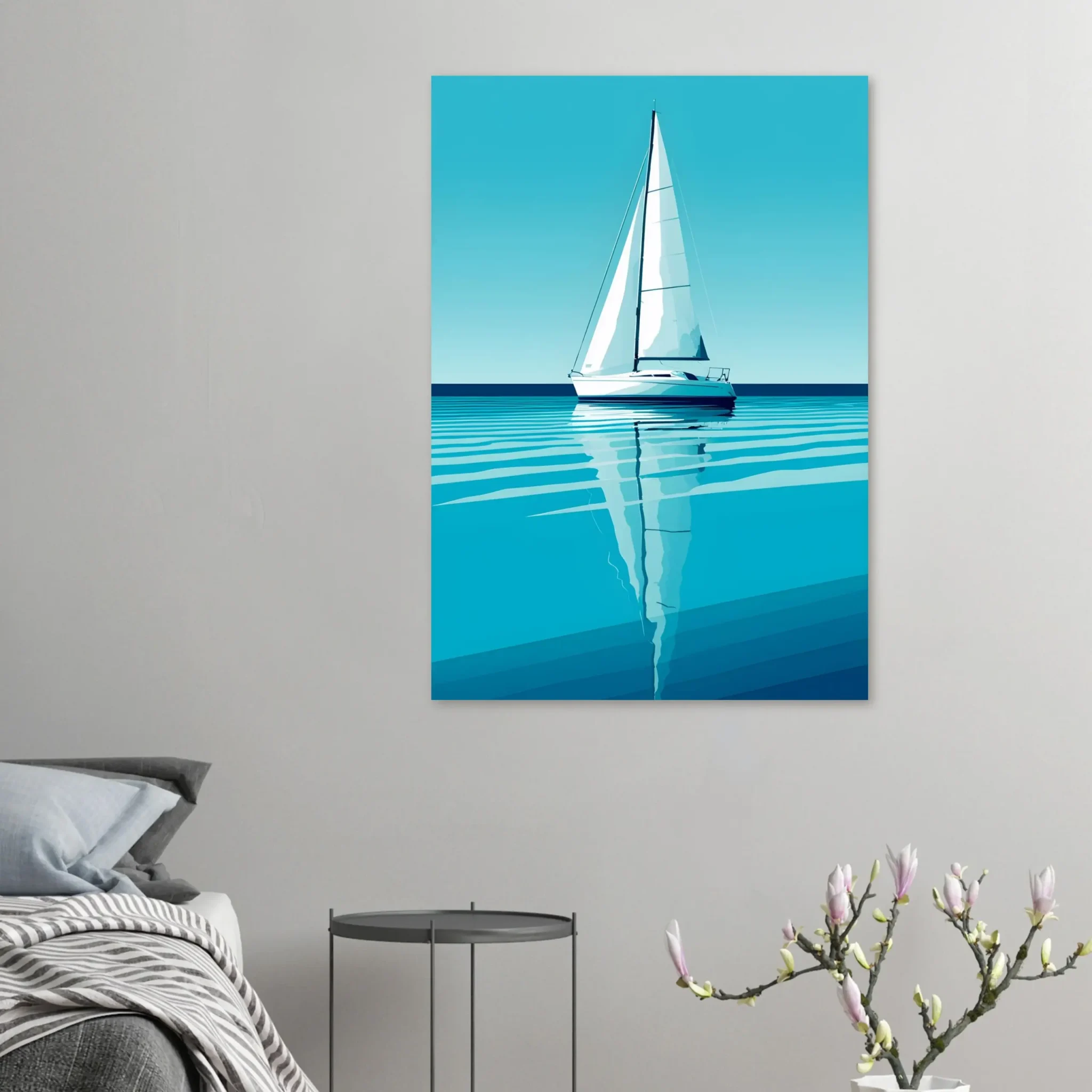 Minimalist sailboat seascape wall art featuring a solitary vessel, reflective water, and an open horizon. Fine art print from the ColorVanta US Store.