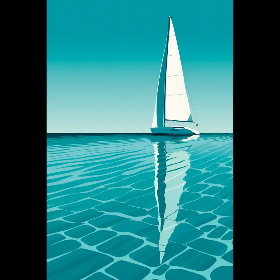 Minimalist sailboat seascape wall art featuring a solitary vessel, reflective water, and an open horizon. Fine art print from the ColorVanta US Store.