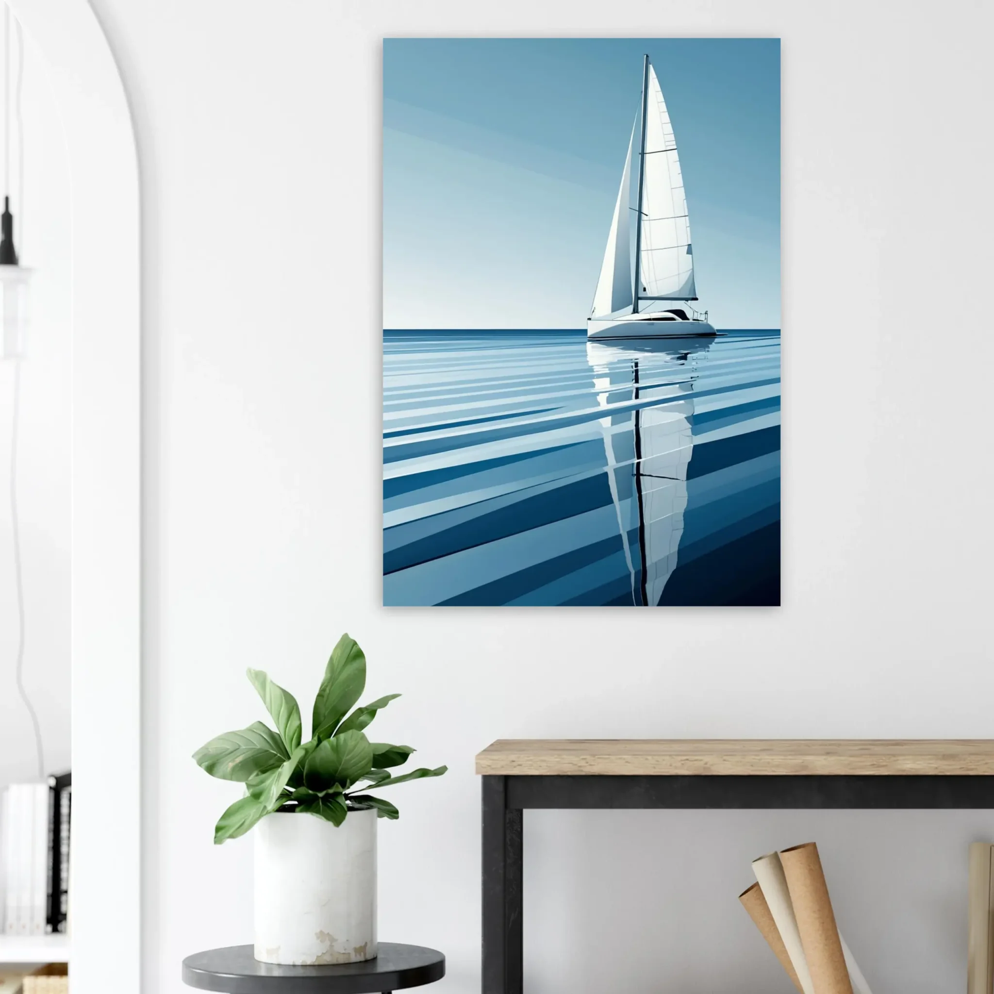 Minimalist sailboat seascape wall art featuring a solitary vessel, reflective water, and an open horizon. Fine art print from the ColorVanta US Store.