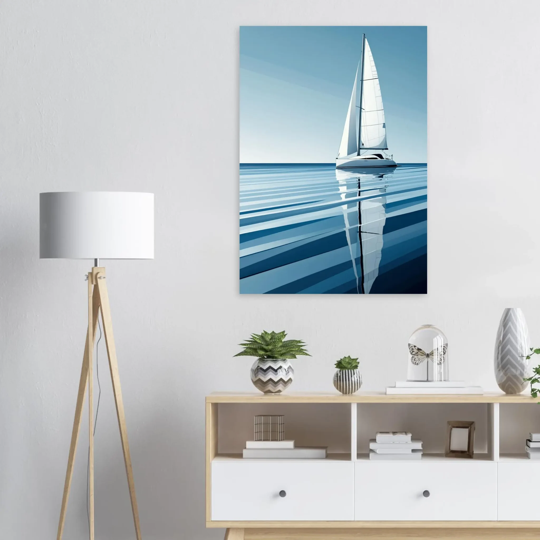 Minimalist sailboat seascape wall art featuring a solitary vessel, reflective water, and an open horizon. Fine art print from the ColorVanta US Store.