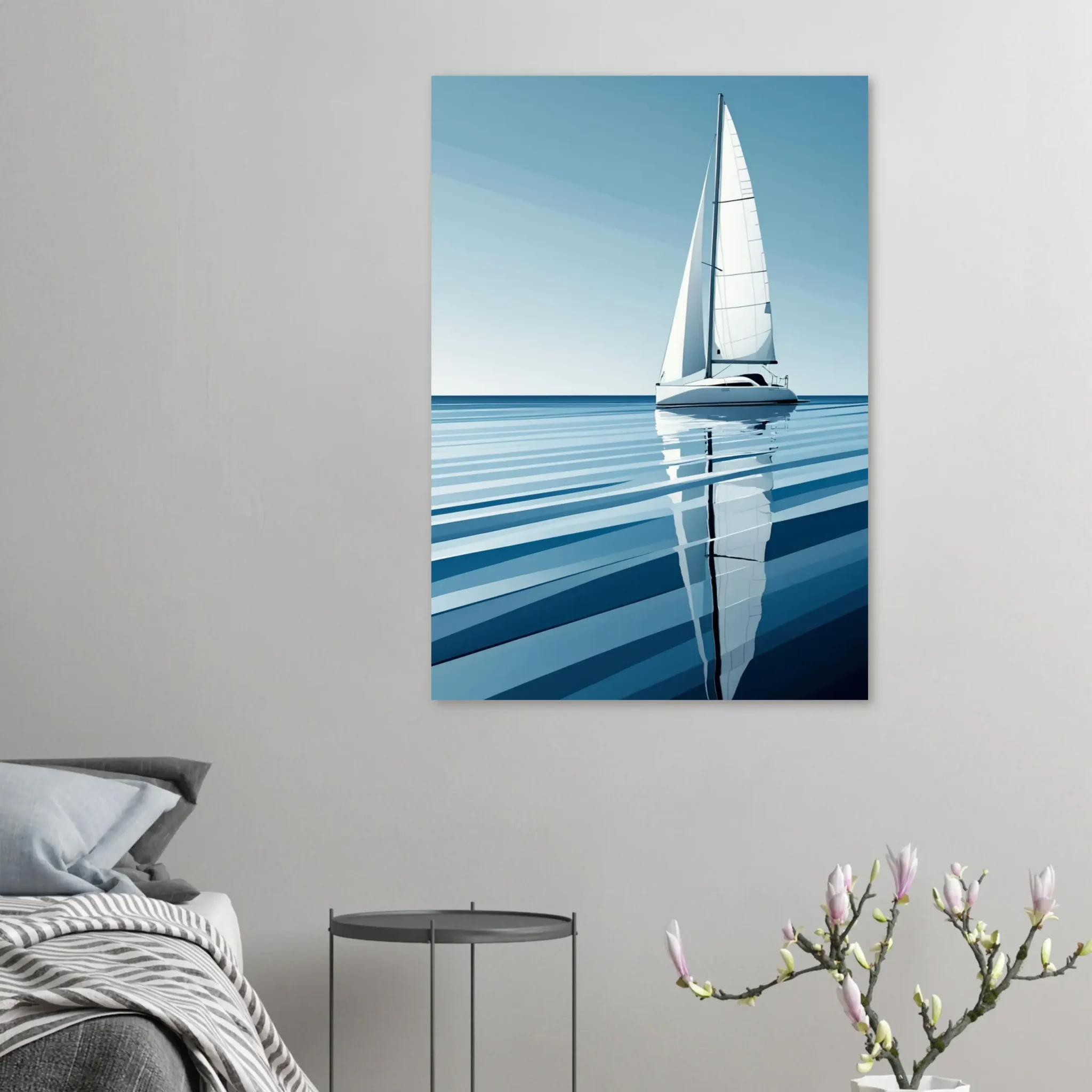 Minimalist sailboat seascape wall art featuring a solitary vessel, reflective water, and an open horizon. Fine art print from the ColorVanta US Store.