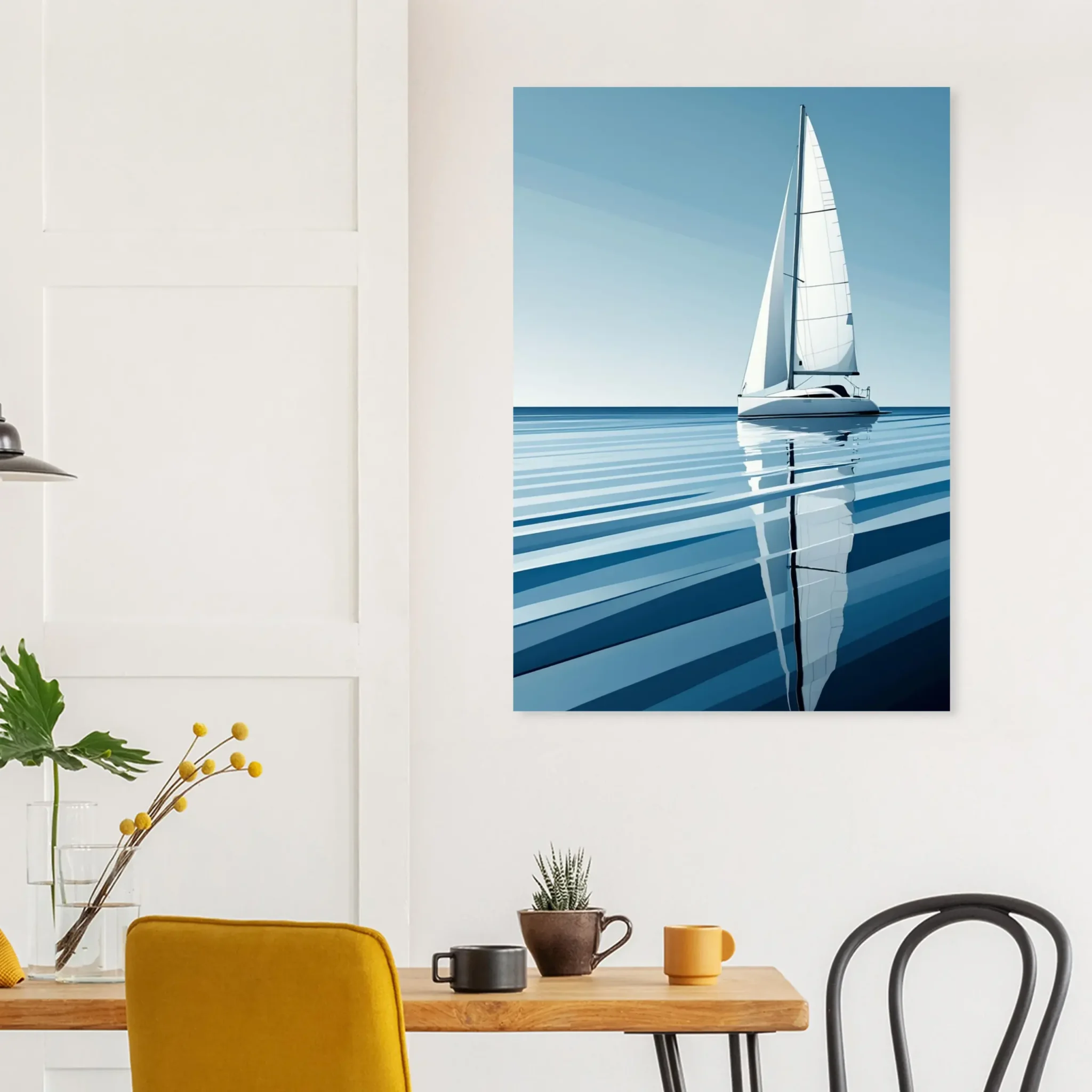 Minimalist sailboat seascape wall art featuring a solitary vessel, reflective water, and an open horizon. Fine art print from the ColorVanta US Store.