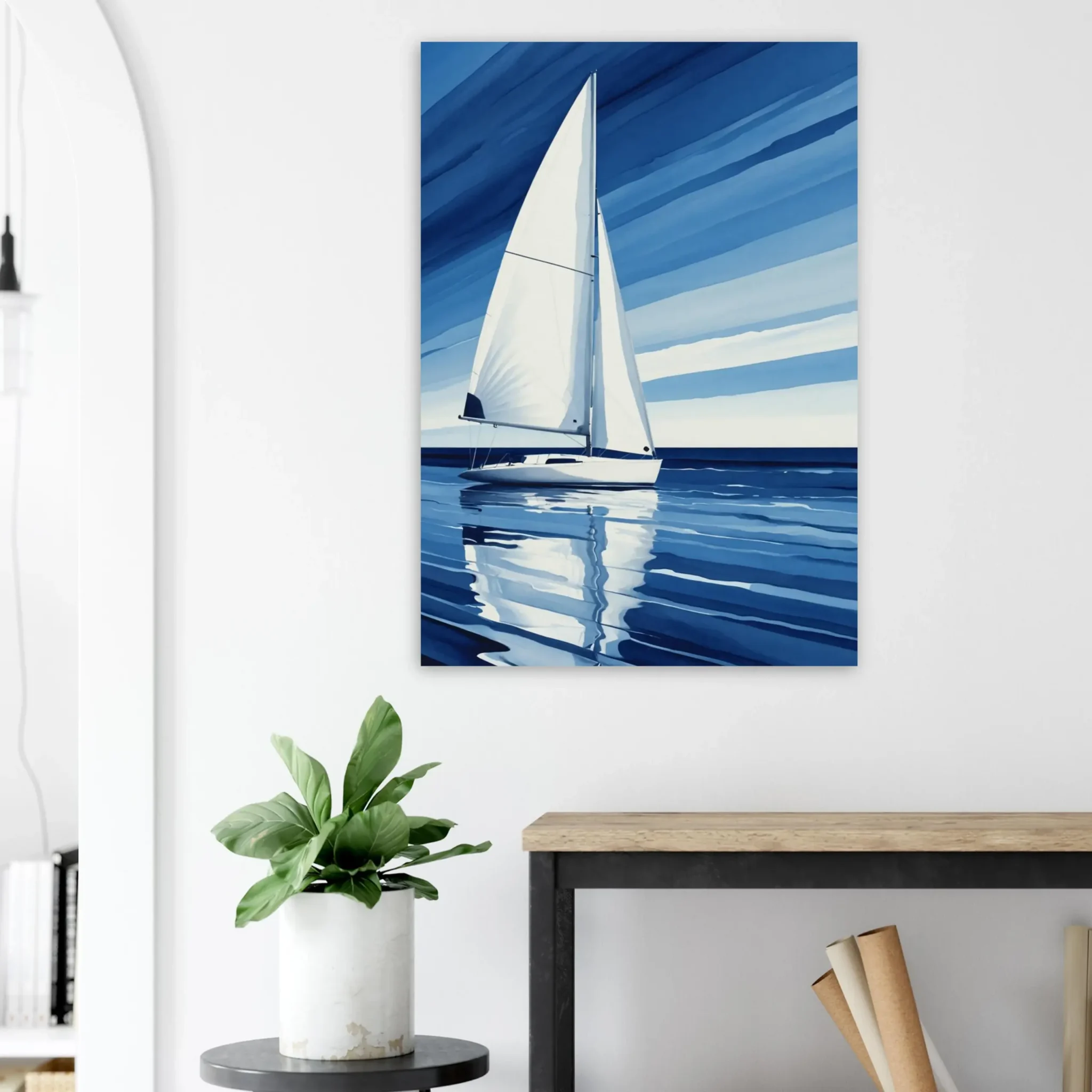 Minimalist sailboat seascape wall art featuring a solitary vessel, reflective water, and an open horizon. Fine art print from the ColorVanta US Store.